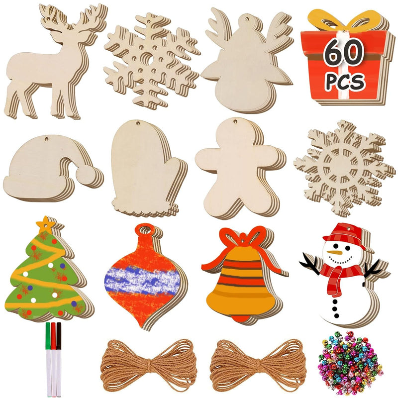 60Pcs Christmas Wooden Ornaments Unfinished Predrilled Wood Slices Circles For