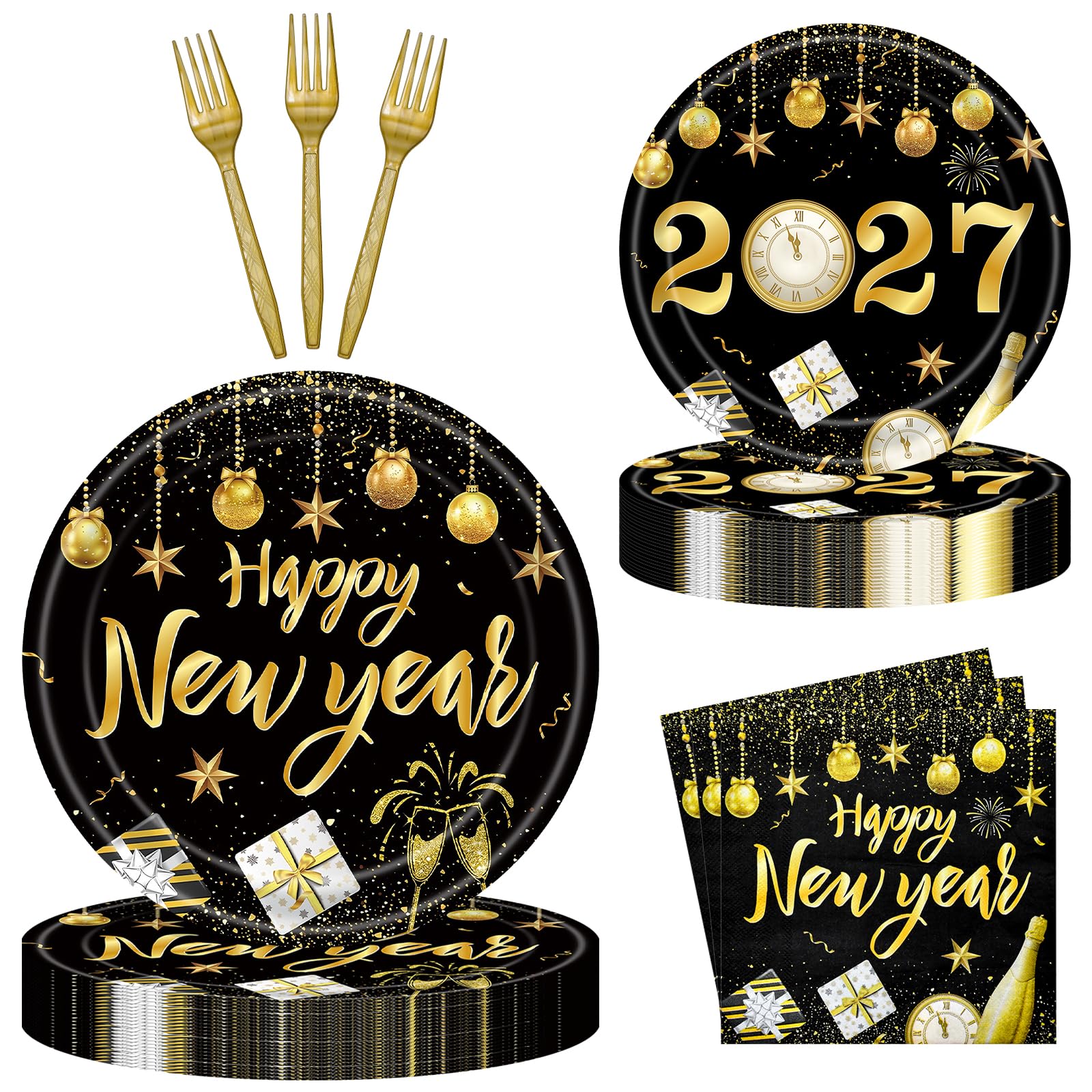 96 Pieces Happy New Year Tableware Set – Black and Gold Disposable Plates, Napkins, and Forks with Fireworks and Champagne Designs for New Year’s Eve Parties – Serves 24 Guests