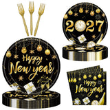 96 Pieces Happy New Year Tableware Set – Black and Gold Disposable Plates, Napkins, and Forks with Fireworks and Champagne Designs for New Year’s Eve Parties – Serves 24 Guests