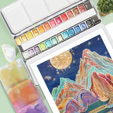 Metallic Watercolor Paints Set For Adult Artists, 24 Glitter Solid Watercolors 2Ml Half Pans Metal Case Sparkle Pearlescent Shiny Watercolour Painting Set