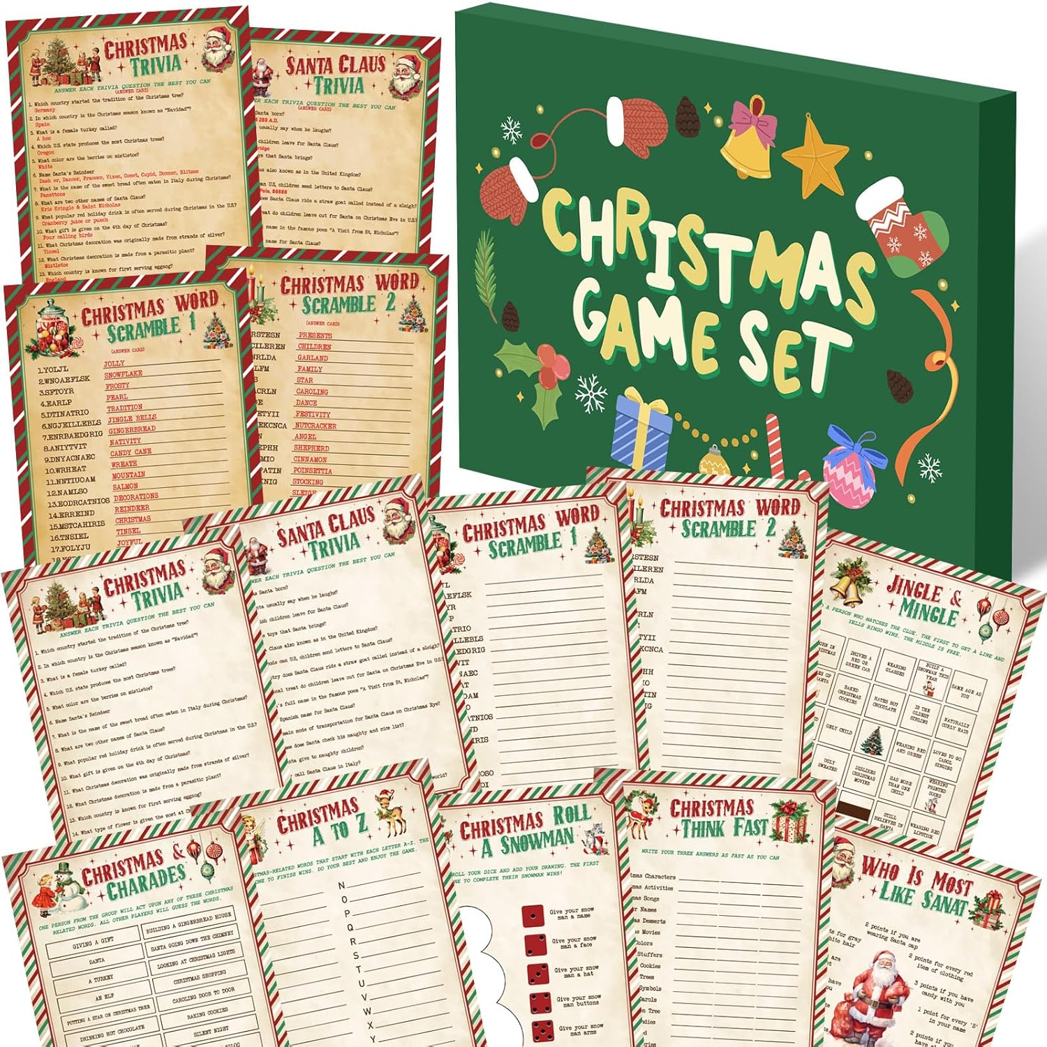 102 Pcs Christmas Trivia Games For Large Group Festival Question Answer Guessing Word Scramble Cards Activity For Xmas Indoor Game Holiday Party Activity Family Friends(Kraft,Candy Canes)