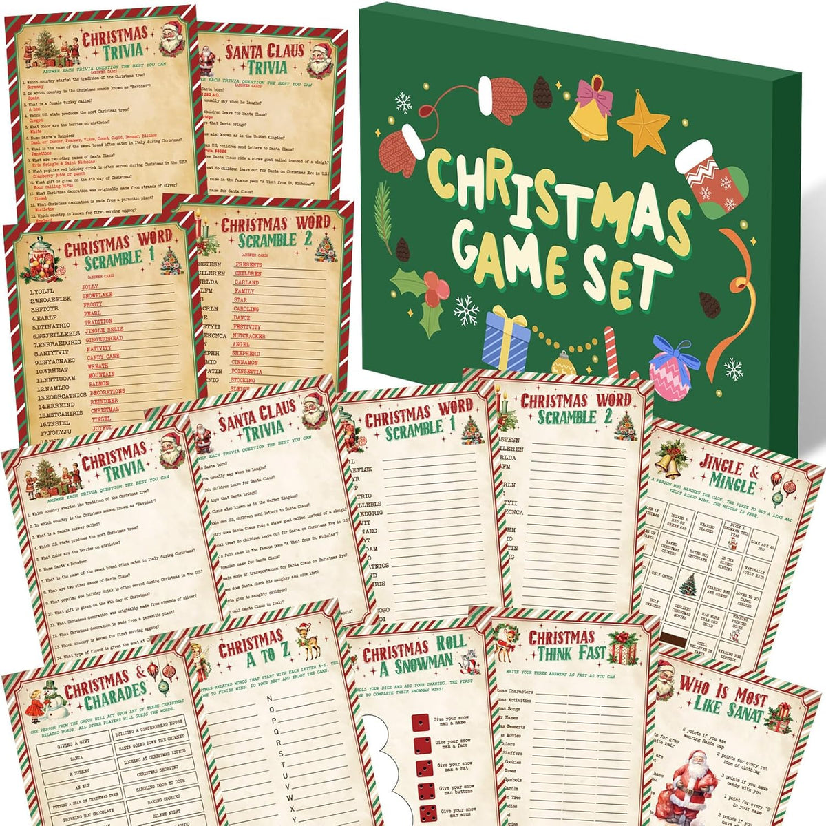 102 Pcs Christmas Trivia Games For Large Group Festival Question Answer Guessing Word Scramble Cards Activity For Xmas Indoor Game Holiday Party Activity Family Friends(Kraft,Candy Canes)