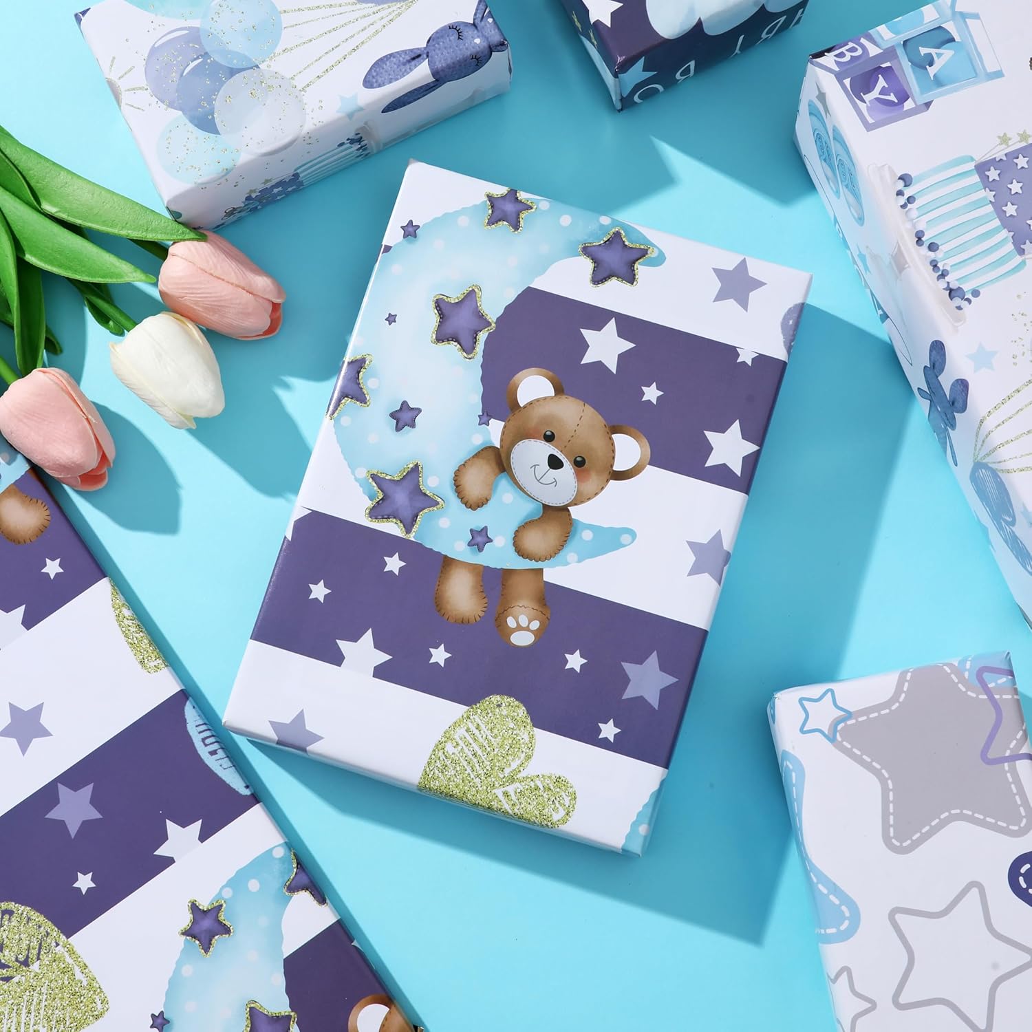 Reverible Baby Shower Wrapping Paper Roll For Baby Boy Infant - Baby Blue Bear Moon And Baby Boy Texts Patterns Gift Wrap Sheets For Neutral Baby Shower Birthday - Total 28.5Sq.Ft