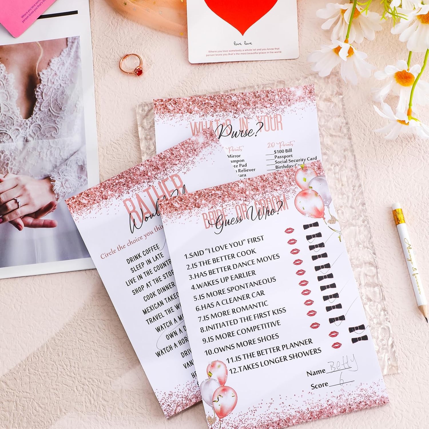 135 Pcs Bridal Shower Game Bridal Shower Favors Set Include 125 Wedding Games Cards And 10 Pencils For Bride Groom Bachelorette Party Wedding Party Favor(Pink Balloon)