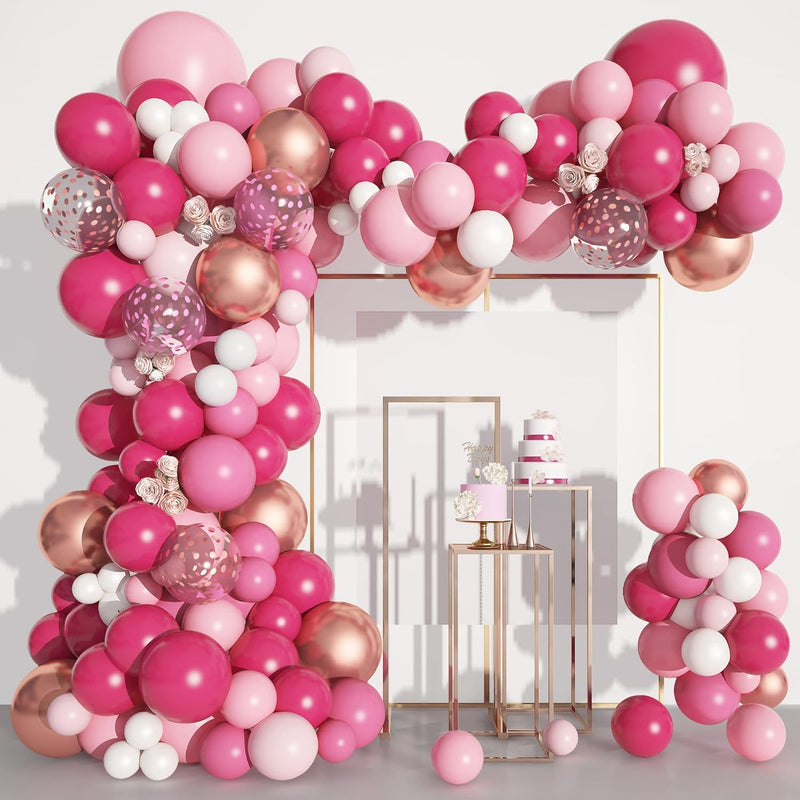 156Pcs Pink Balloon Garland Arch Kit, Hot Pink Metallic Rose Gold Chro