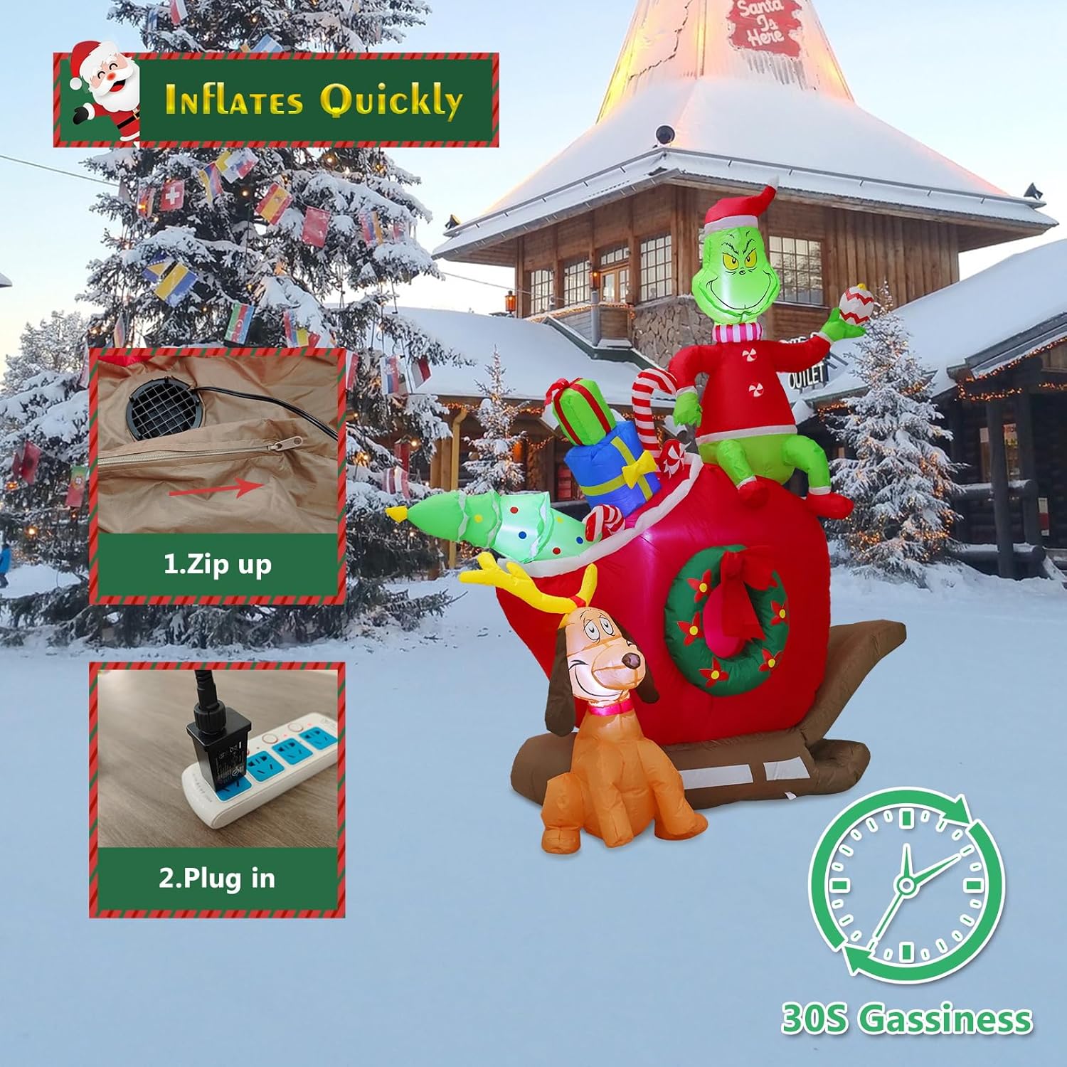 6 Ft Inflatable Christmas Decorations - Green Monster & Dog Max On Sleigh With Led Lights