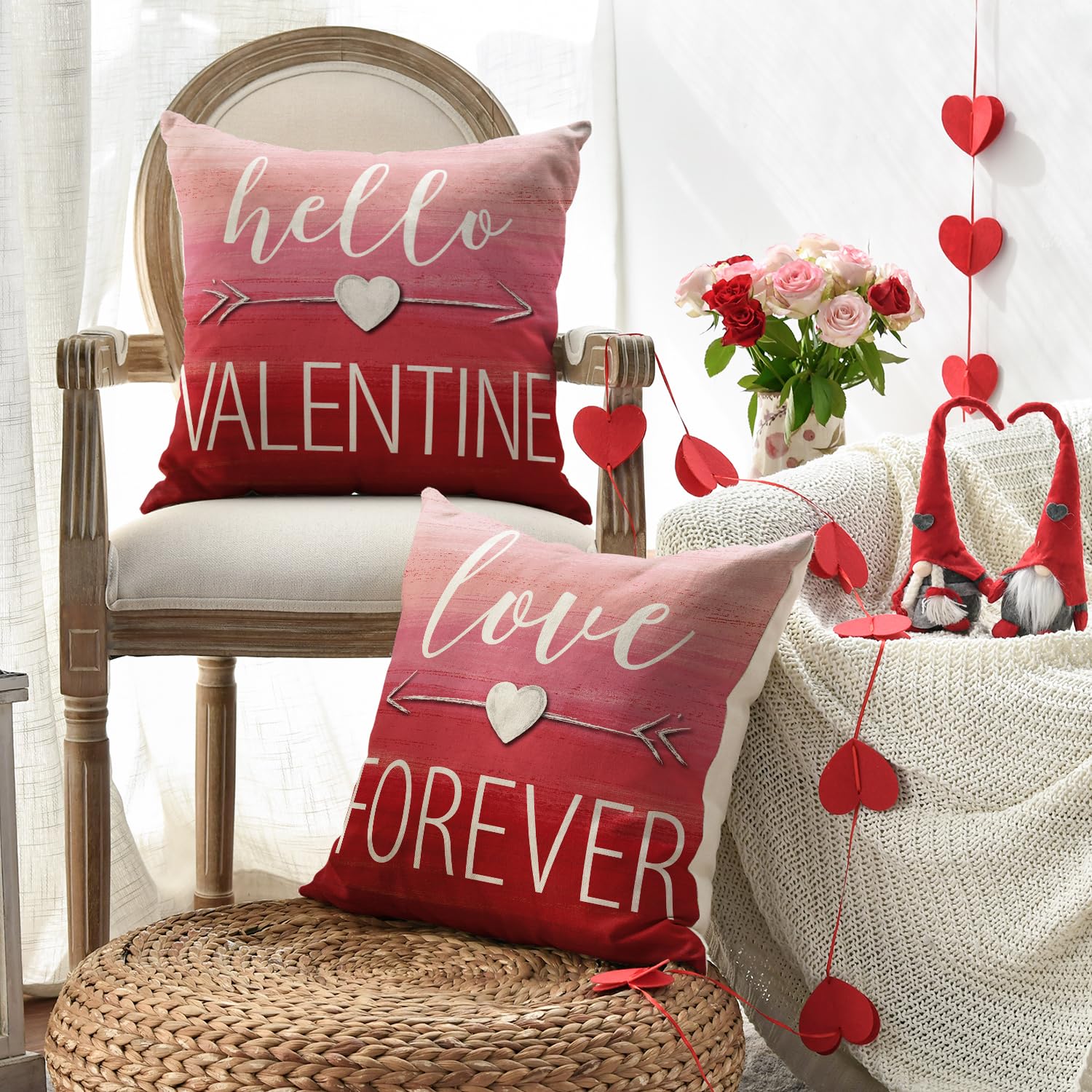 Happy Valentine'S Day Pink Heart Throw Pillow Covers, 20 X 20 Inch I Love You Forever Be Mine Xoxo Hug Me Anniversary Wedding Cushion Case Decoration For Sofa Couch Set Of 4