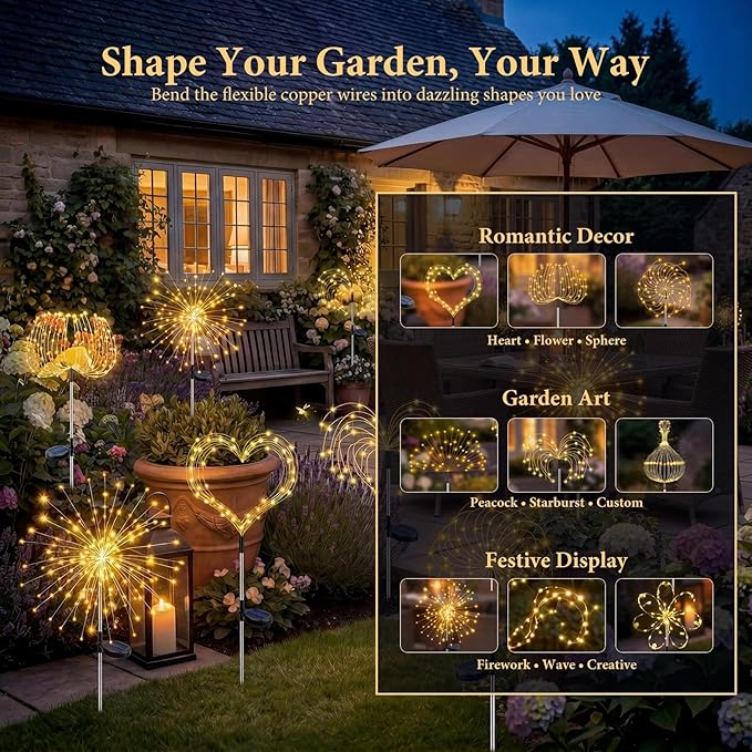 2 Pack Solar Firework Lights 120 LED Starburst Garden Lights Waterproof 8 Modes