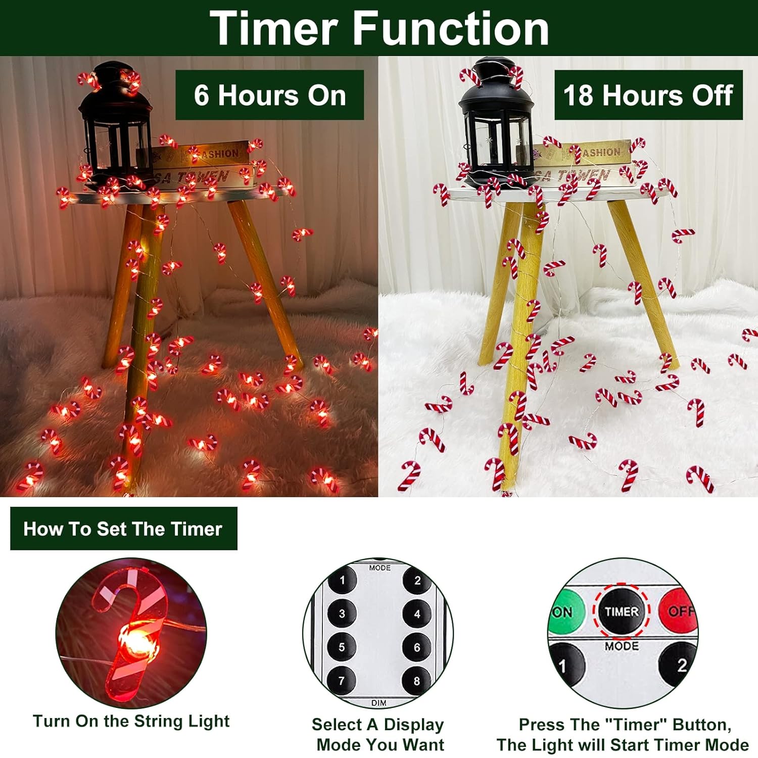 26.2 Ft 80 Led Candy Cane String Lights Christmas Decor Battery Operated Fairy Lights Remote Control With Timer 8 Modes