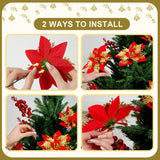 50Pcs Glitter Poinsettia Christmas Ornaments, Artificial Flowers With Clips Stems For Diy Wreath Making, Holiday Home Party Decorations, Indoor Use (Red)
