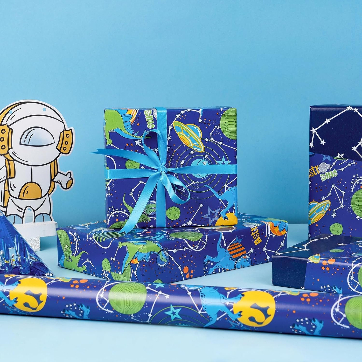 Reversible Birthday Dinosaur Wrapping Paper Roll, Mini Roll, Blue Astro Dinosaur, Planets And Constellation Pattern Gift Wrap Paper For Kids Boys Birthday, Space Party, 17 Inches X 16.4 Feet