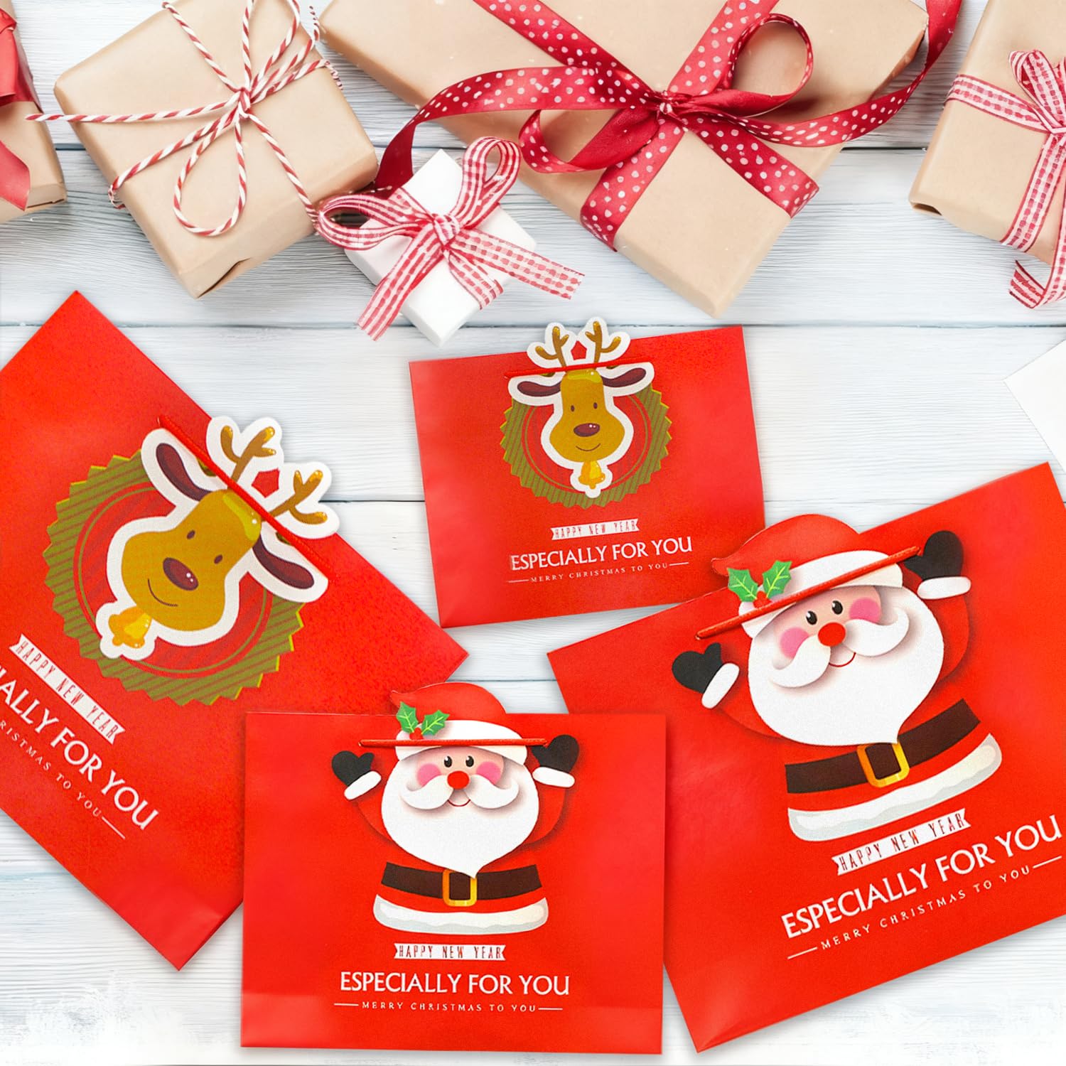 6 Pcs Christmas Gift Bags With Handle, Large M S Size Winter Holiday Paper Goodies Bag For Christmas Party Wrapping Xmas Presents, Birthday, Baby Shower