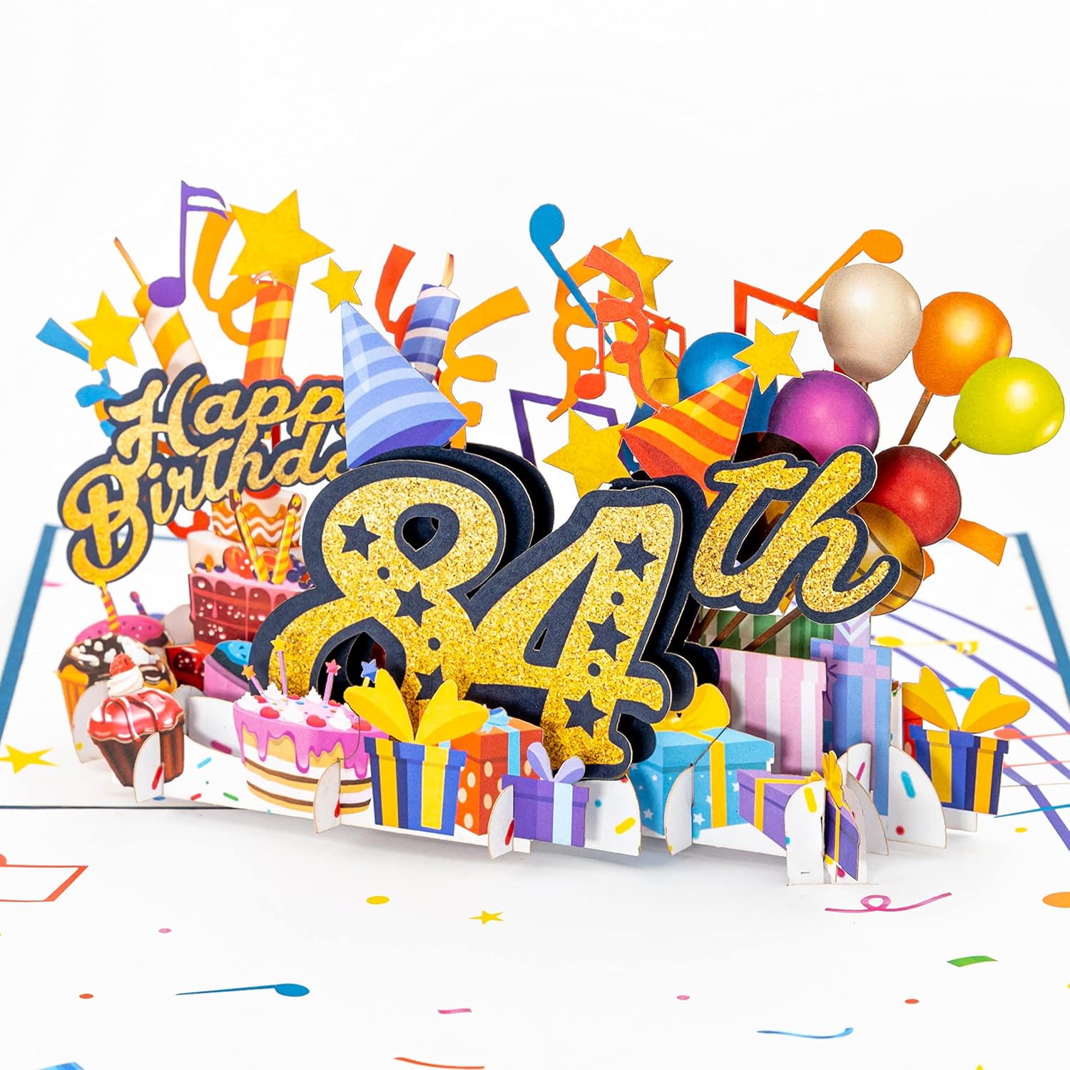 3D Pop Up Happy 84Th Birthday Card – Blue Design With Glitter Numbers, Balloons, Cakes & Gifts – Unique Bday Card For Dad, Mom, Husband, Wife, Man Or Woman – 5" X 7"