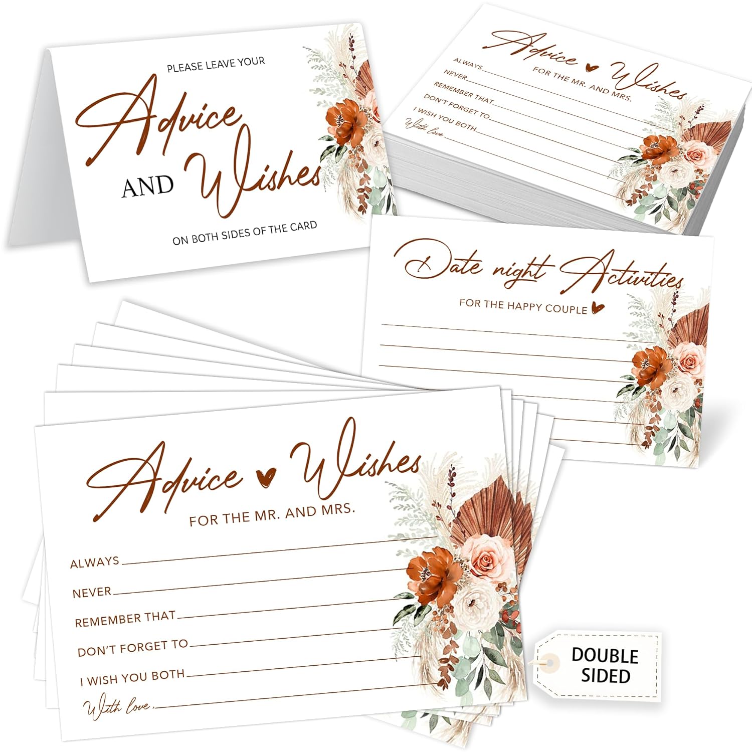 Boho Advice And Wishes For The Mr And Mrs - 50 Packs Wedding Advice Cards Bridal Shower Game Cards Reception Guest Book For Bride Groom Newlywed Engagement Party Decoration -A08