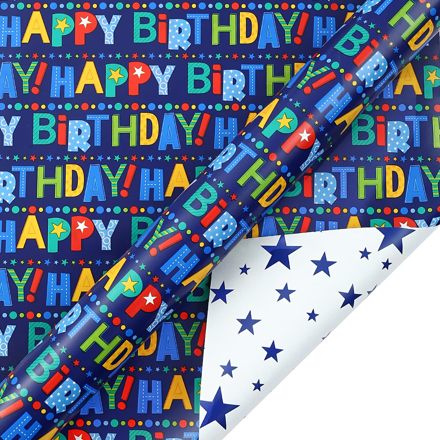 Reversible Birthday Wrapping Paper For Boys Girls Kids Adults Baby Shower Holiday - Colorful Happy Birthday Lettering And Stars Design - Gift Wrap Paper Roll, 17.7 Inch X 33 Feet