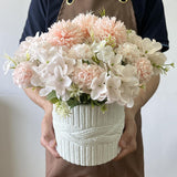 Artificial Flower Arrangements With Polyresin Vase 11’’ Height, Champagne Silk Hydrangea Flower Combination In White Plant Pot Table Centerpieces For Home Decoration