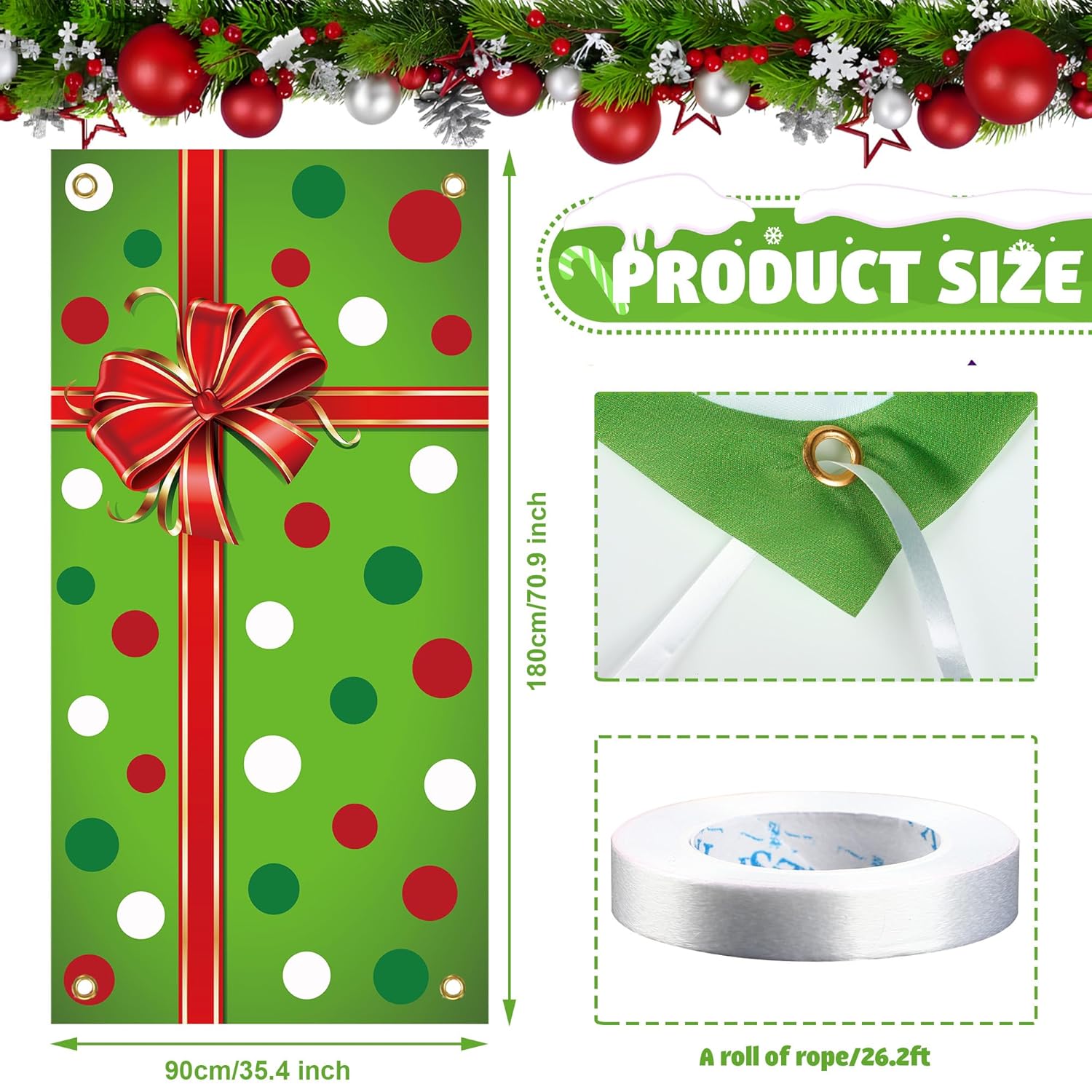 Christmas Door Cover Xmas Gift Box Door Hanging Banner Merry Christmas Front Doors Cover Backdrop Decorations For Holiday Indoor Outside Party Supplies, 70.9 X 35.4 Inch(Green Polka Dots)