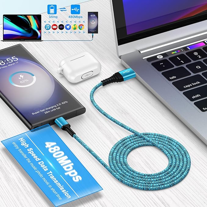 3 Pack 6FT USB A to USB C Fast Charging Cable 3.1A Braided Charger Cord for iPhone 17 16 15 Samsung Galaxy Android