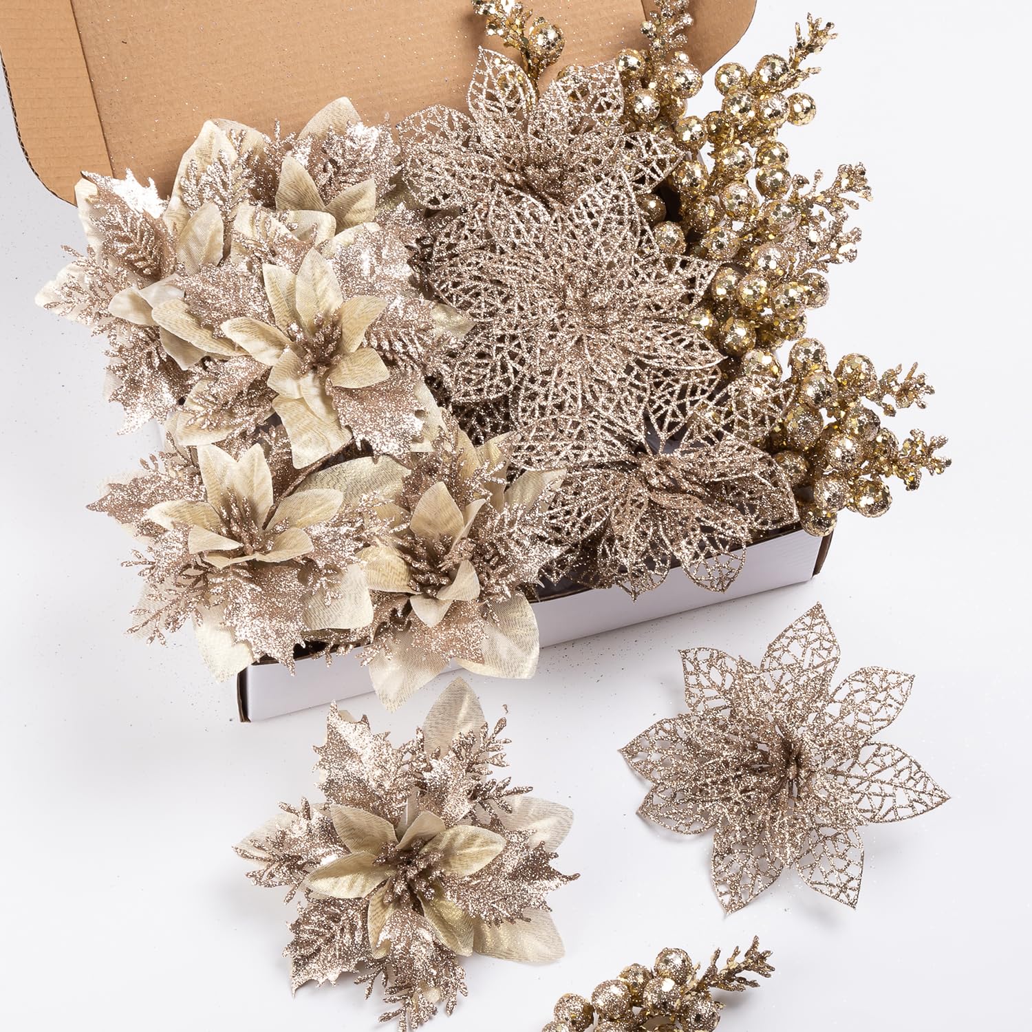 24Pcs Christmas Poinsettia Artificial Flowers And Glitter Berries Kit, 2 Styles Total 16Pcs Christmas Tree Flowers Ornaments, 8Pcs Christmas Tree Picks For Wedding Holiday Decorations, Champagne