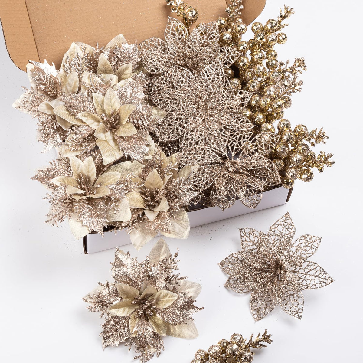 24Pcs Christmas Poinsettia Artificial Flowers And Glitter Berries Kit, 2 Styles Total 16Pcs Christmas Tree Flowers Ornaments, 8Pcs Christmas Tree Picks For Wedding Holiday Decorations, Champagne