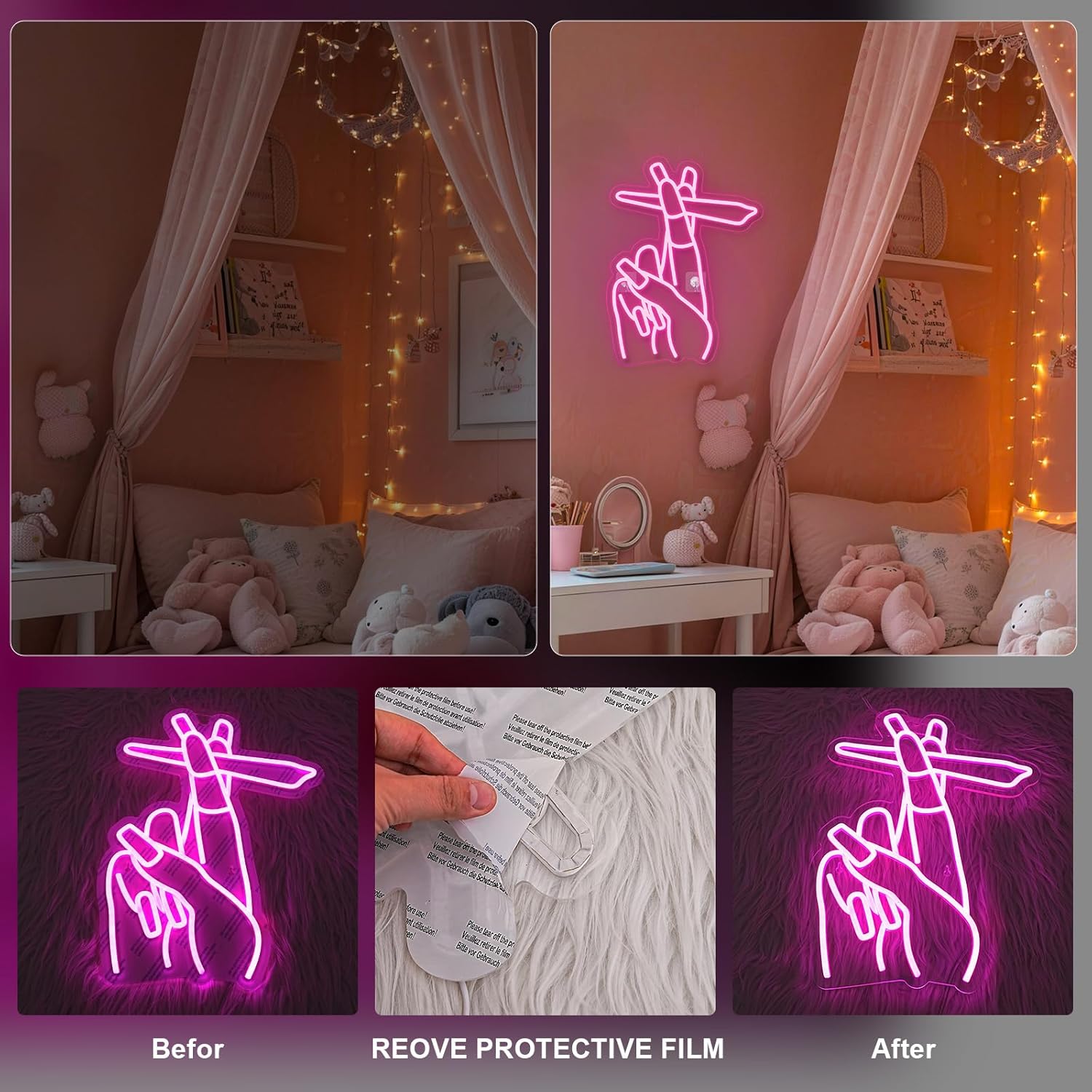 Pink LED Hand Neon Sign USB Wall Light Gesture Neon Decor for Nail Salon Bedroom Bar Girls Room
