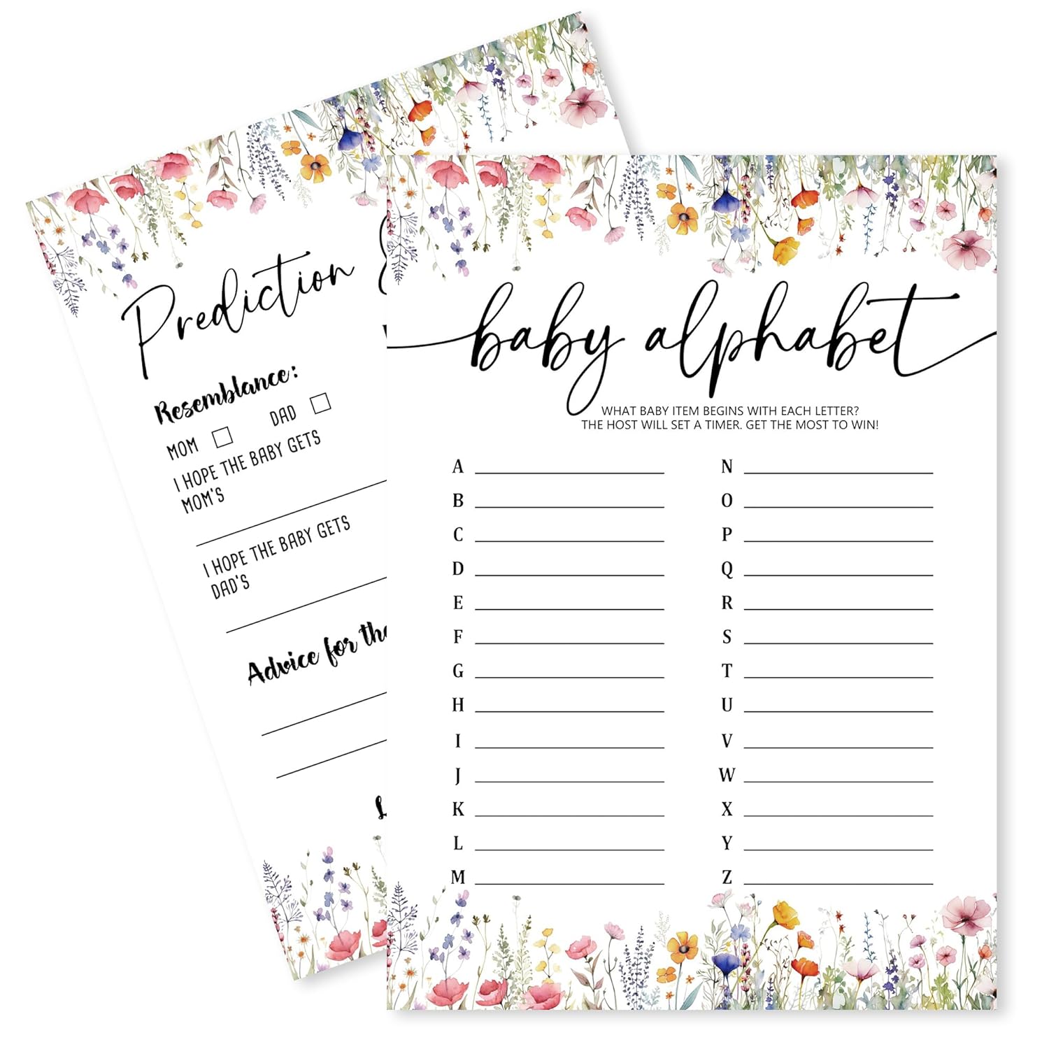 Wild Floral Baby Shower Game - Baby Alphabet,Prediction And Advice - 2 Games, 30 Pcs Double Sided Theme Game Cards For Boy Girl, Gender Reveal Games, Baby Shower Favor And Decorations - A03