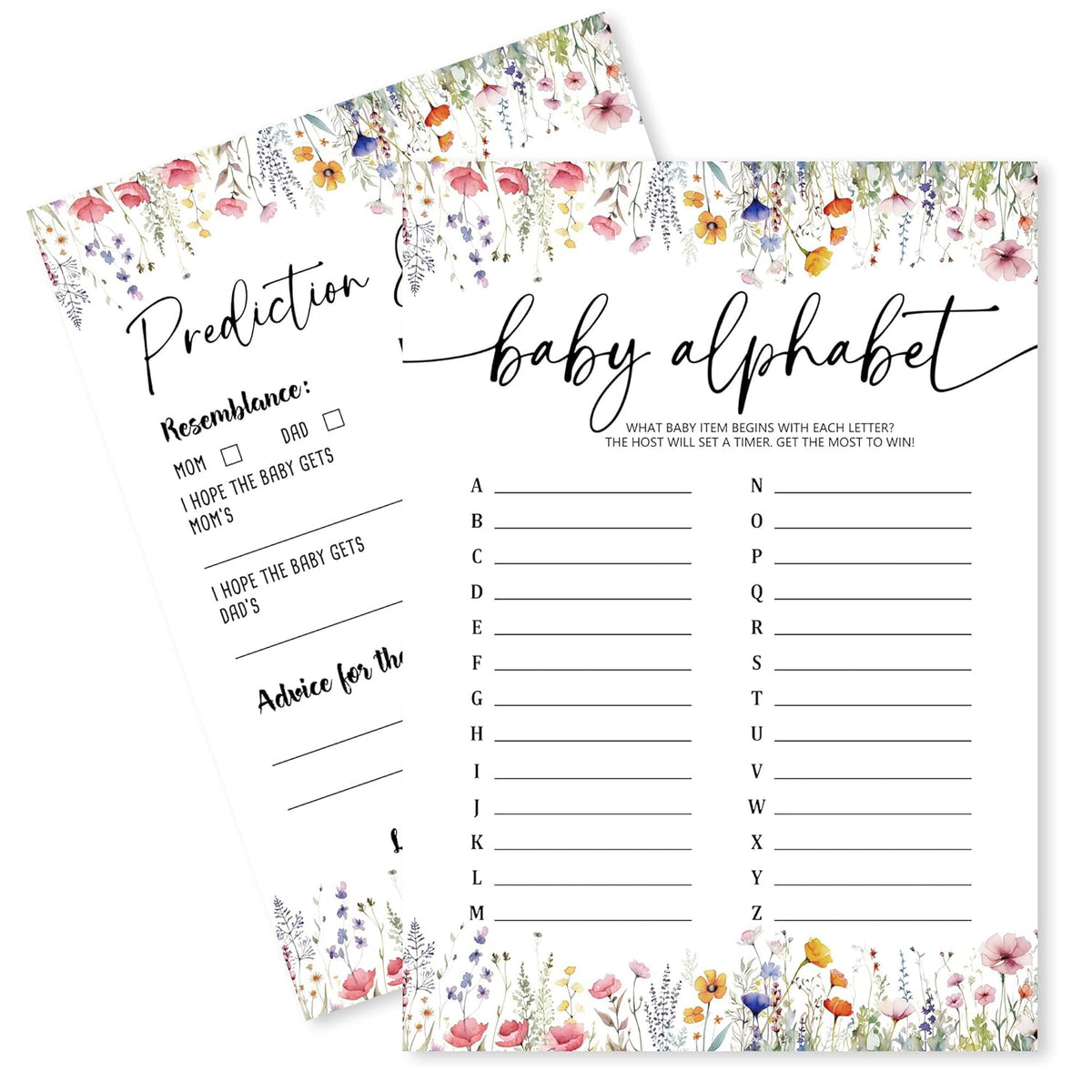 Wild Floral Baby Shower Game - Baby Alphabet,Prediction And Advice - 2 Games, 30 Pcs Double Sided Theme Game Cards For Boy Girl, Gender Reveal Games, Baby Shower Favor And Decorations - A03