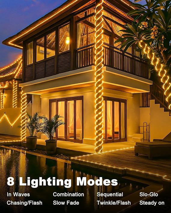 46FT Solar Rope Lights 120 LED Warm White Waterproof Outdoor String Lights with 8 Modes