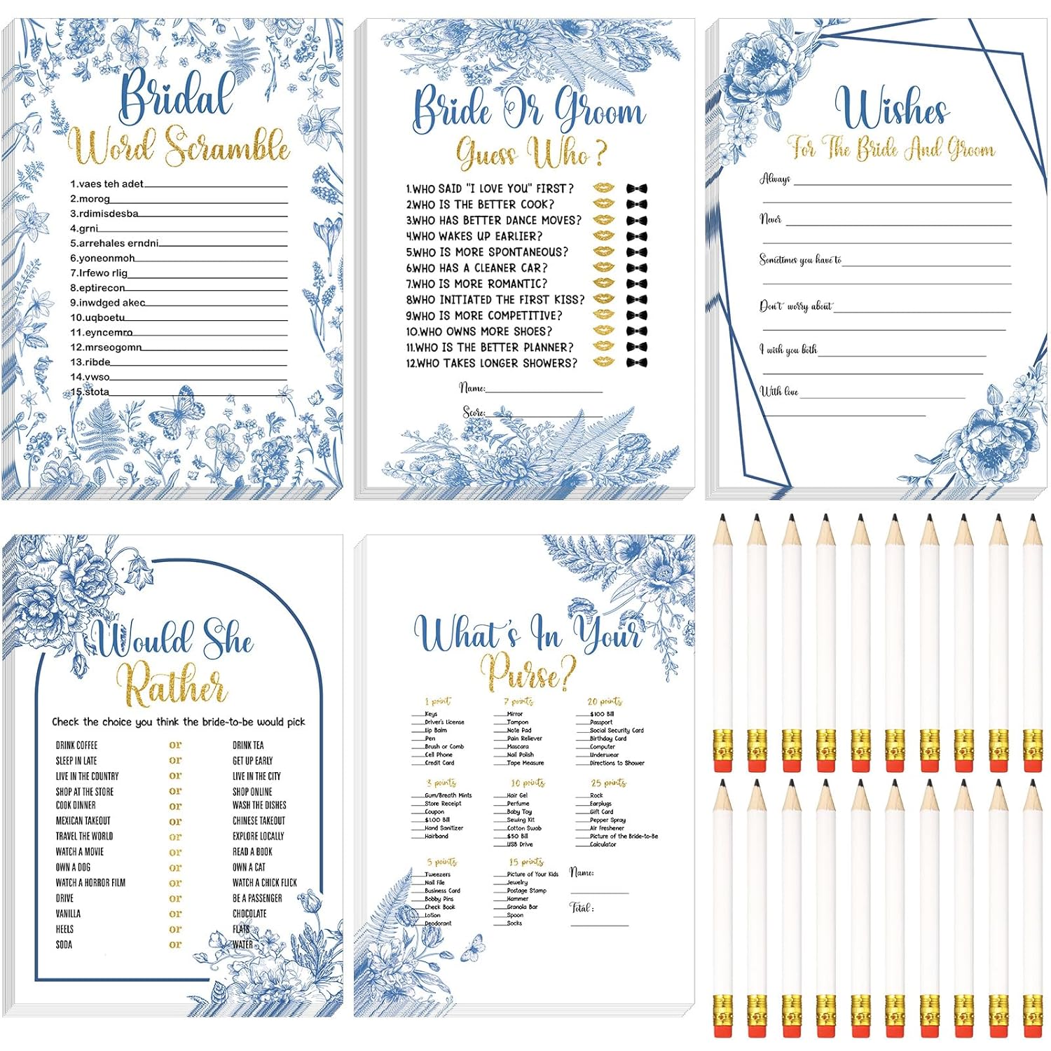 145 Pieces Bridal Shower Game Bridal Shower Favors Set Wedding Games Cards And Pencils For Bride Groom Bachelorette Party Wedding Party Favor (Blue Floral Style)