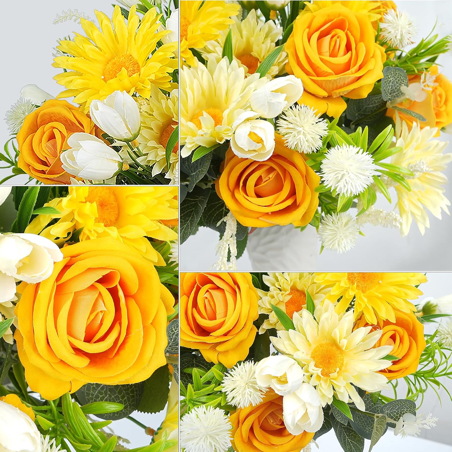 Artificial Flowers, Silk Faux Flowers Yellow Roses Tulips Daisy Chrysanthemums Bouquets, Faux Flowers Arrangement For Home Living Room Party Wedding Offices Bookshelf Decorations (Yellow)