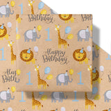 1St Birthday Wrapping Paper Roll, Jumbo Roll, Jungle Animal Gift Wrap Paper, Cute Lion, Elephants, Giraffe Kraft Paper For Age 1 Kids, Baby Shower, Birthday And More, 30 Inches X 32.8 Feet