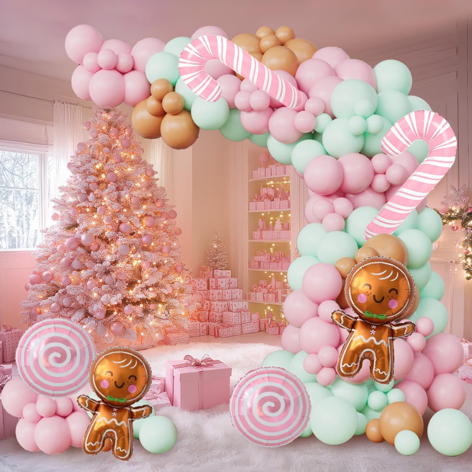 Gingerbread Balloon Arch 139Pcs Christmas Balloon Garland Arch Kit Pastel Pink Green Balloons Arch Kit With Pink Candy Cane, Candy, Gingerbread House Balloons For Xmas Holiday Party Decorations