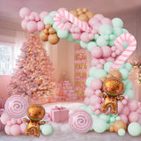 Gingerbread Balloon Arch 139Pcs Christmas Balloon Garland Arch Kit Pastel Pink Green Balloons Arch Kit With Pink Candy Cane, Candy, Gingerbread House Balloons For Xmas Holiday Party Decorations