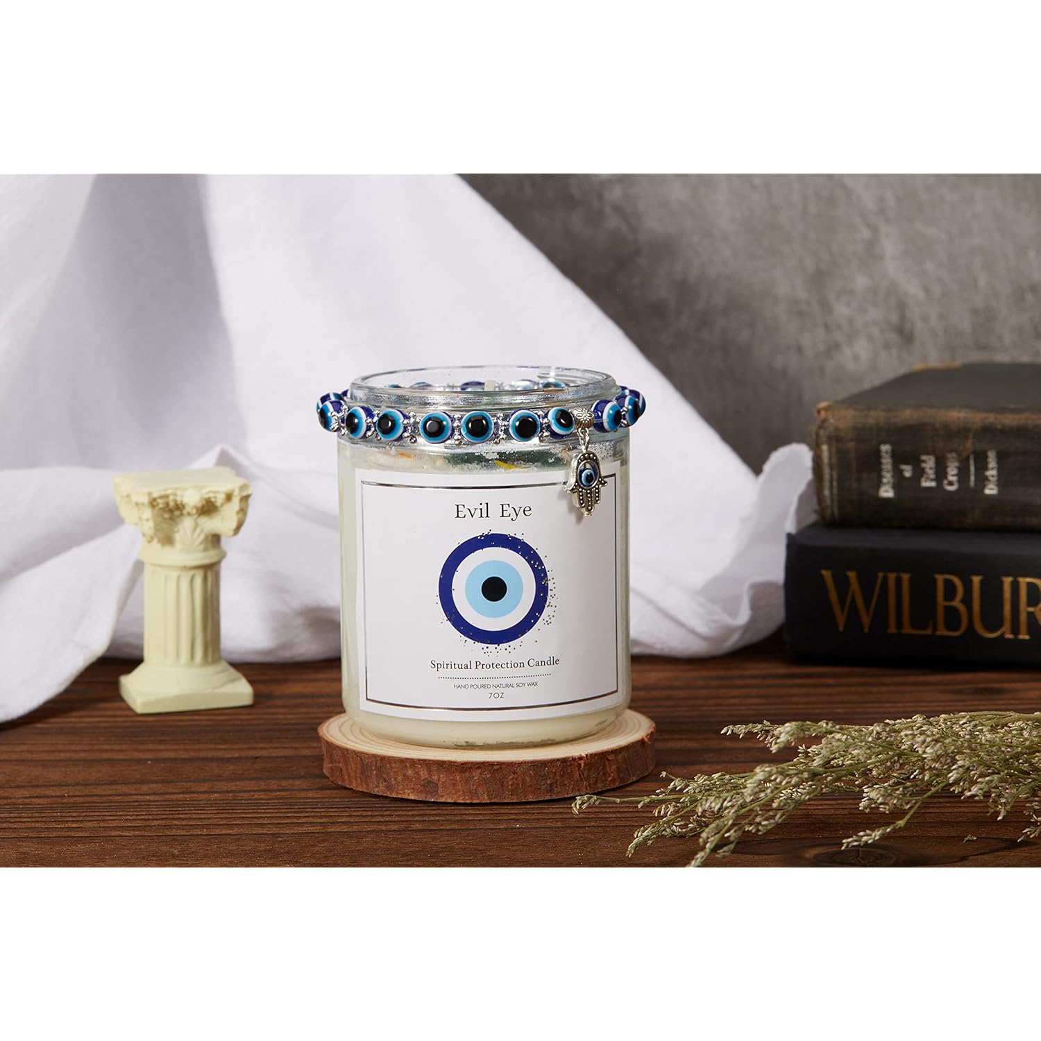 Evil Eye Candle - Evil Eye Decor, Blue Crystal Infused, Lavender Scented, 7 Oz Jar Candle