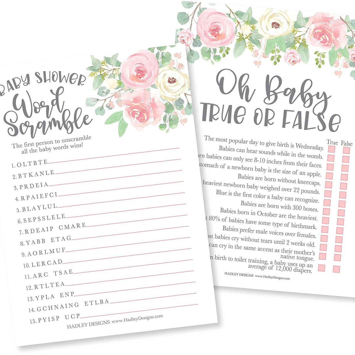 Baby Shower Games For 25 Guests - Floral Pink Girl Baby Shower Games Word Scramble, True Or False Babyshower Game Girl, Gender Reveal Game, Made In Usa