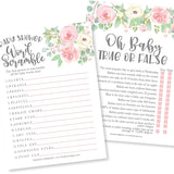 Baby Shower Games For 25 Guests - Floral Pink Girl Baby Shower Games Word Scramble, True Or False Babyshower Game Girl, Gender Reveal Game, Made In Usa