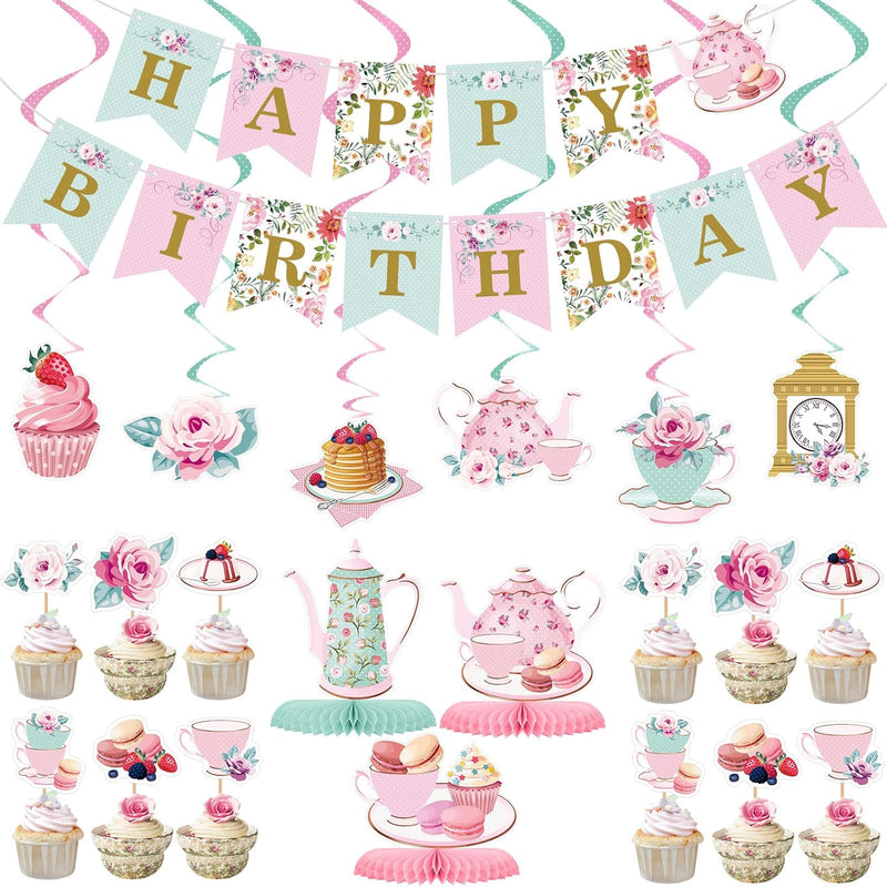 40 Pieces Floral Tea Party Decorations Floral Birthday Banner Teapot B