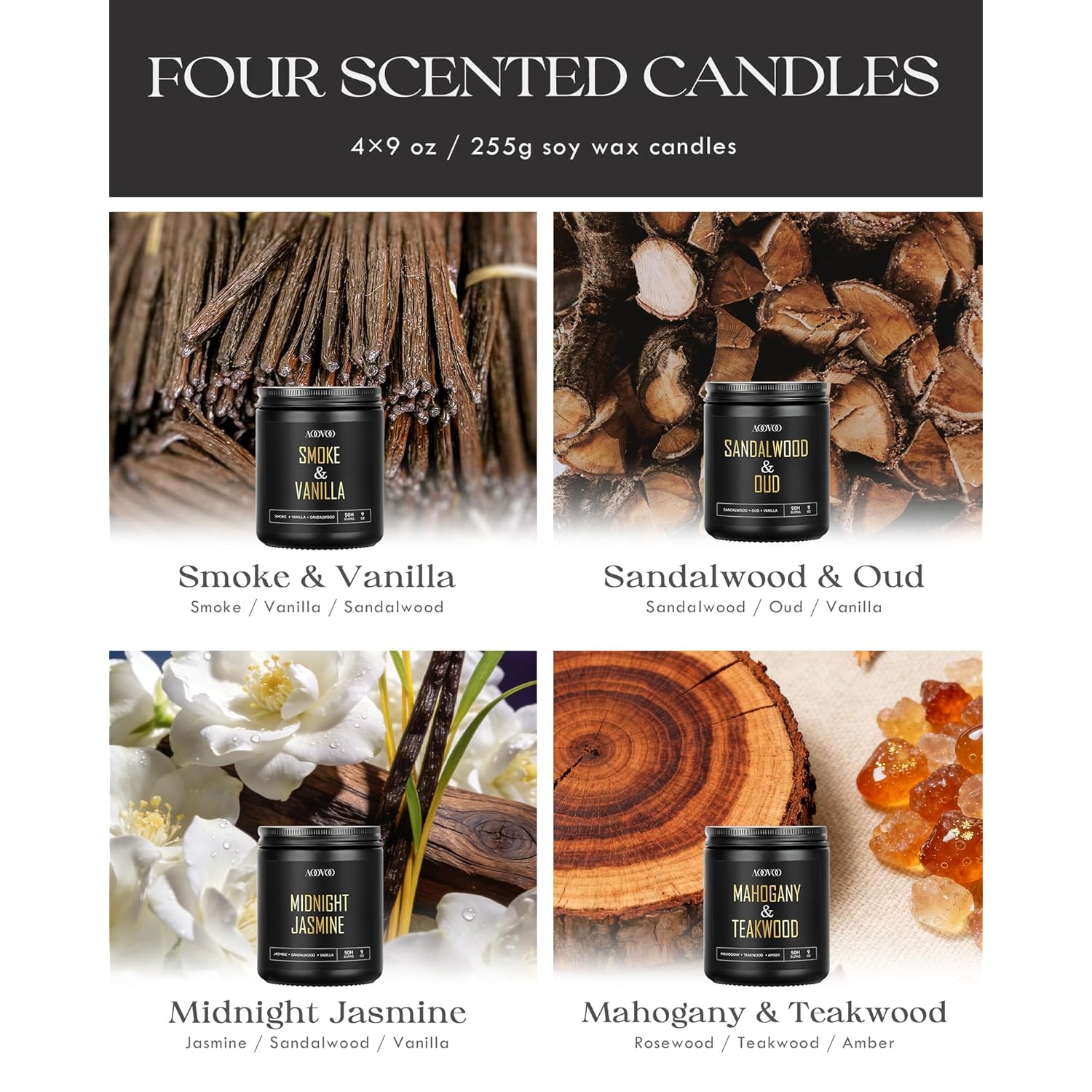 Scented Candles For Men - 4 Pack Candles For Home Scented, 36Oz Soy Wax, 200 Hour Burn Time, Men Candle Set, Sandalwood Oud/Mahogany Teakwood/Smoke Vanilla/Jasmine Candle Set A