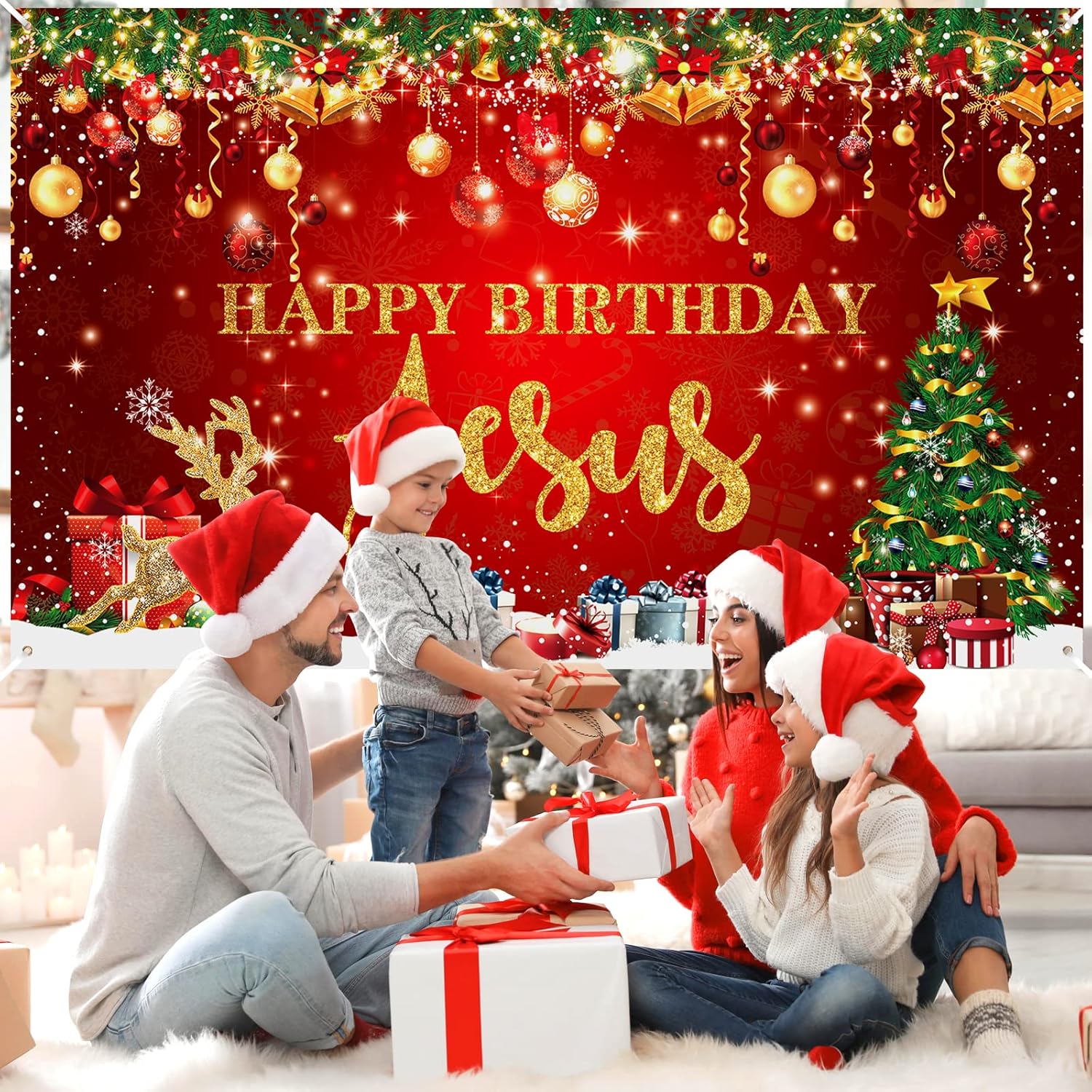 Happy Birthday Jesus Party Decorations Banner - Red Christmas Jesus Birthday Party Supplies For Indoor/Outdoor Decor