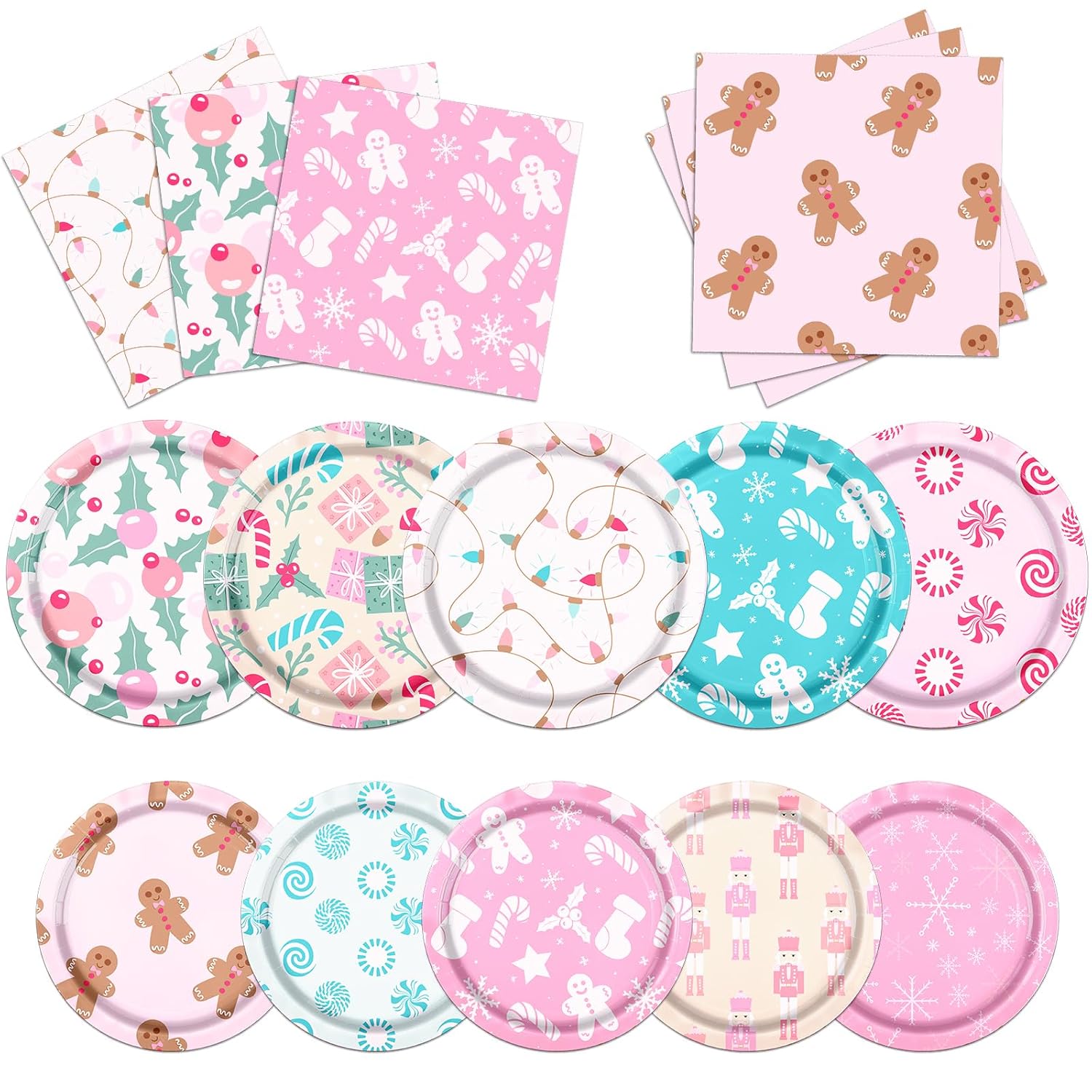 60Pcs Christmas Decorations,Pink Merry Christmas Party Tableware Paper Plate,Napkins Winter Xmas Theme Decorations For Retro Christmas Holiday,Winter Gingerbread Party Favors?20 Guest?