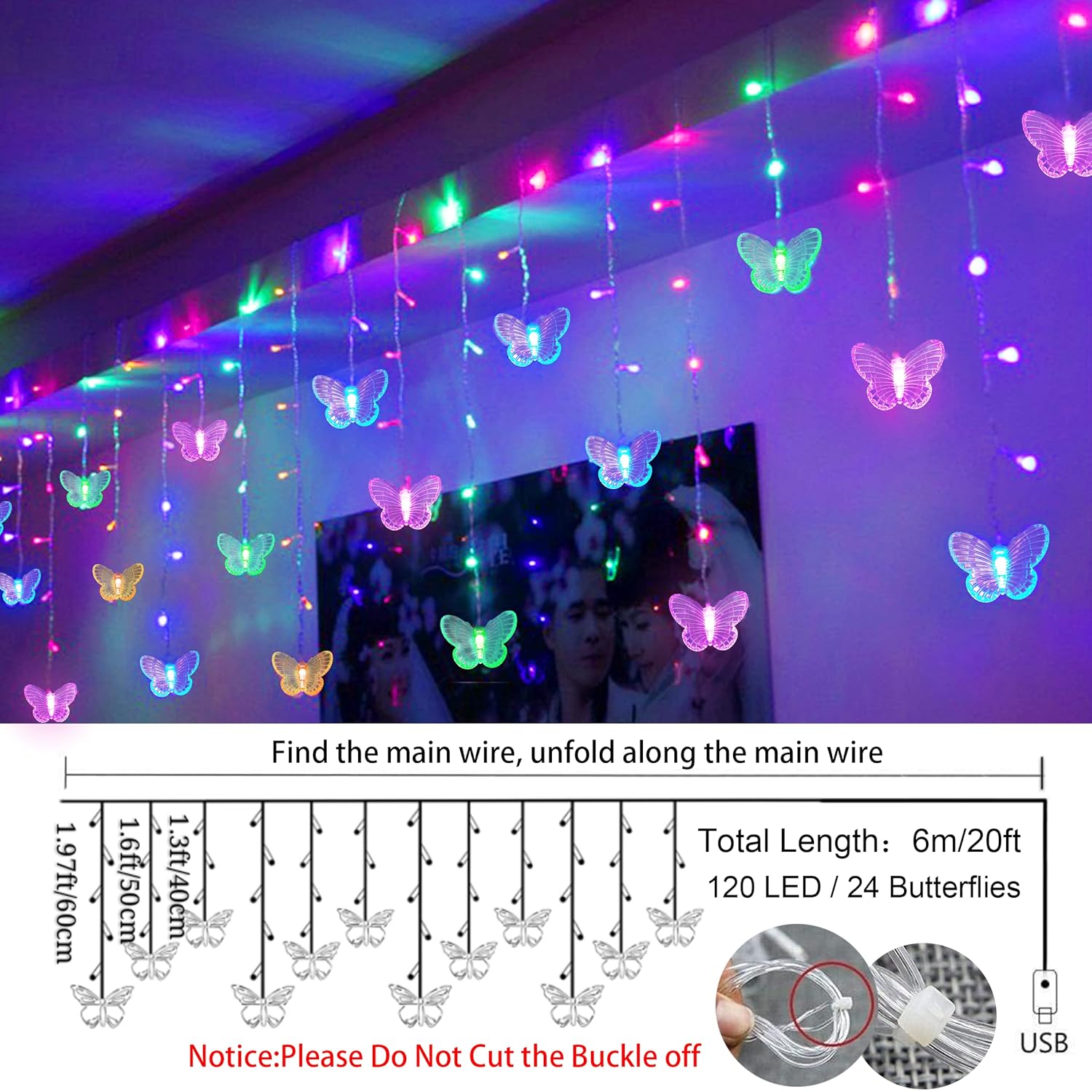 120 Led 20Ft Butterfly Curtain Fairy Lights Usb Pluged - 8 Modes Starry Twinkle Icicle String Lights With Remote Timer W