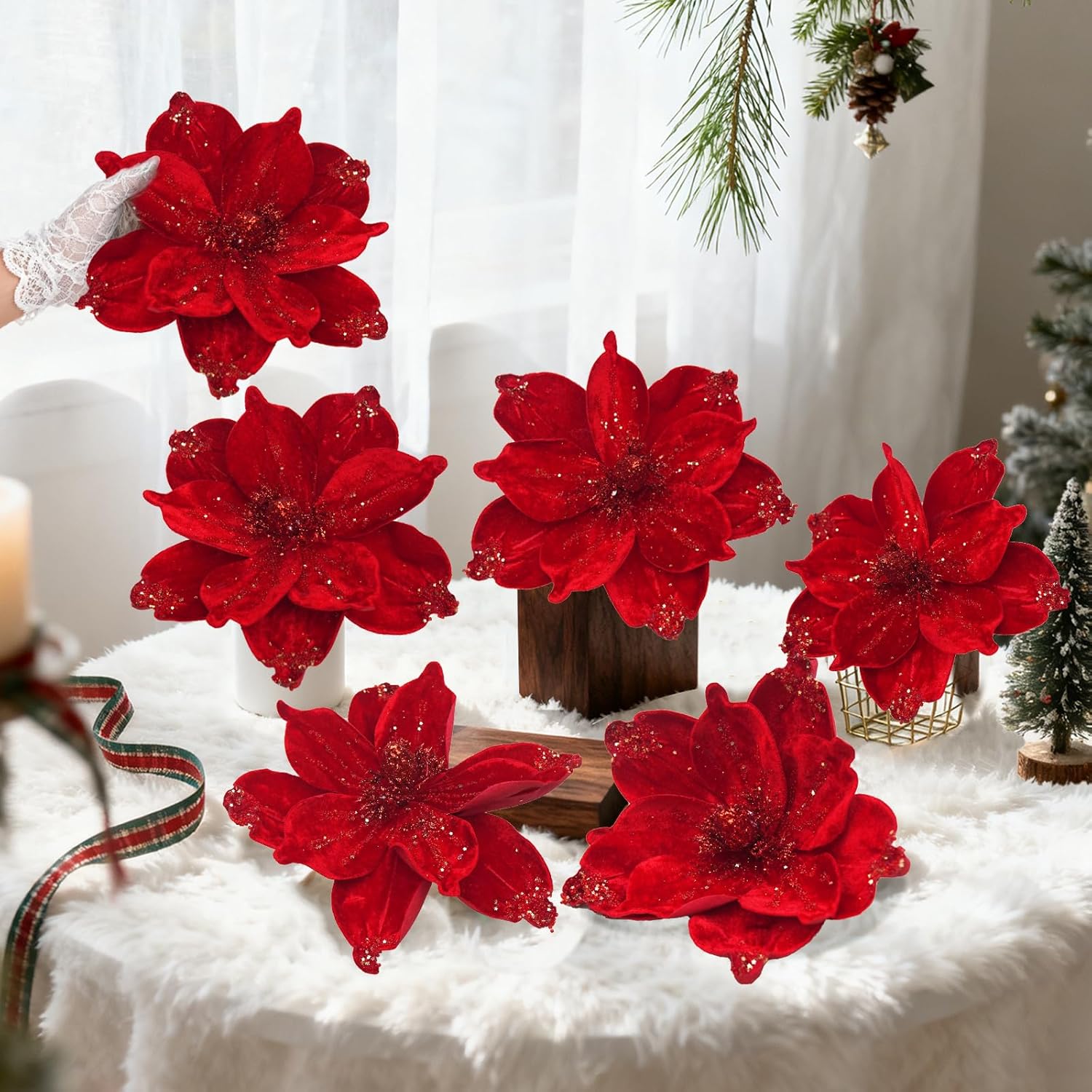 Magnolia Glitter Flowers 6Pcs Single Stem Christmas Flowers For Home Table Festivals Indoor Outdoor Decor (Red)