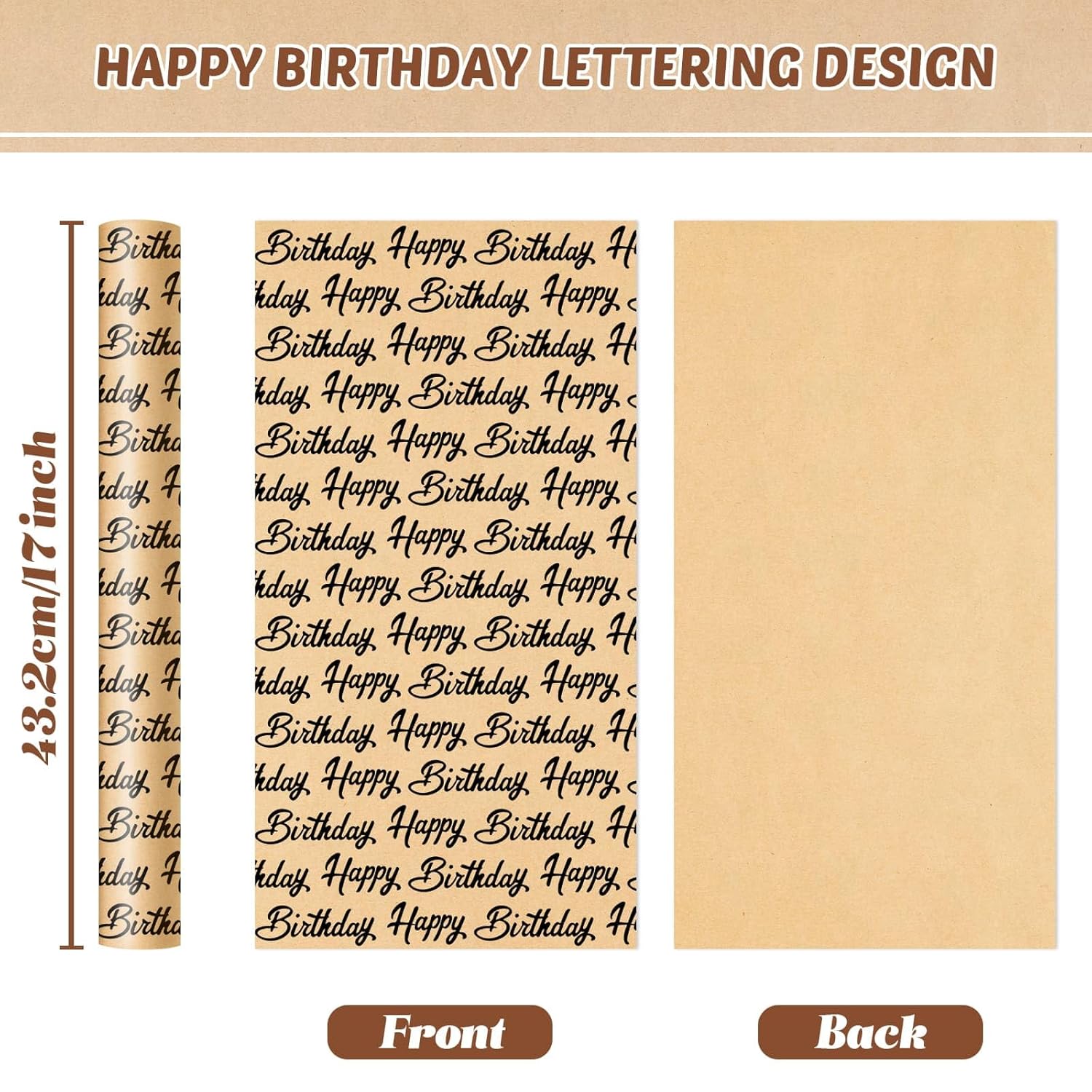 Happy Birthday Wrapping Paper - 1 Roll 17” X 33 Ft Brown Kraft Gift Wrapping Paper For Kids Adults Birthday Party Decoration Present Packing Supply