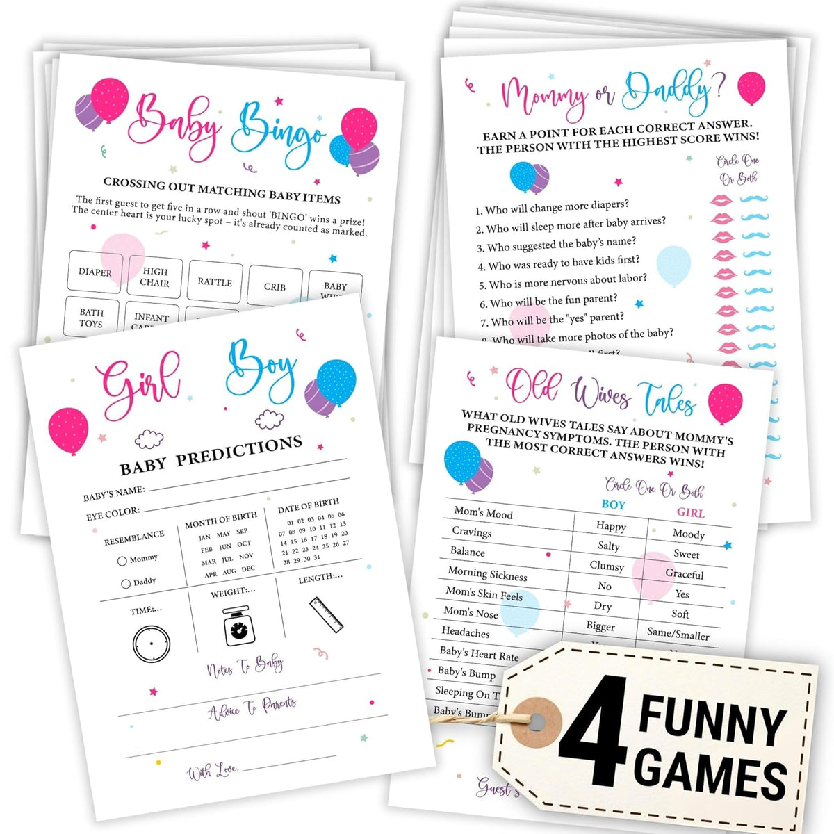 Baby Gender Reveal Games For Guests - 4 Funny Baby Shower Games For Gender Reveal Party Decorations, Boy Or Girl Gender Reveal Ideas Prediction Cards, Old Wives Tales Baby Bingo Game