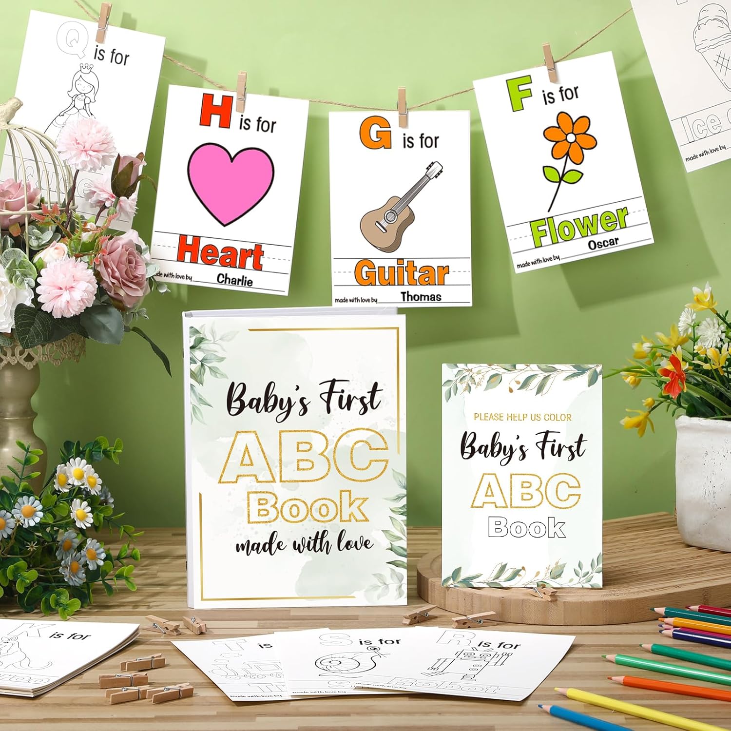 Baby Shower Game First Abc Book Baby Shower Activity Keepsake Game Abc Coloring Guest Book Alternative First Alphabet 26 Alphabet A To Z Coloring Card(Greenery)