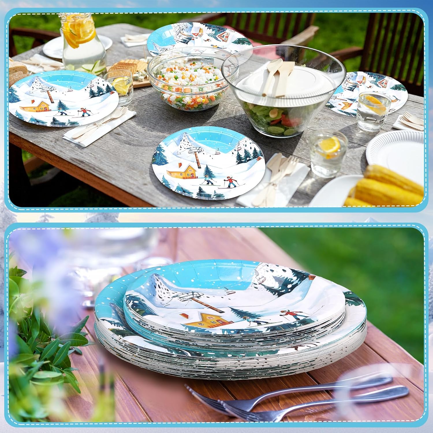 48 Pcs Skiing Paper Plates Set Ski Birthday Party Decorations Include 9" 7" Winter Wonderland Ski Disposable Plates Skier Snow Decorative Dinner Tableware For Christmas Party Supplies