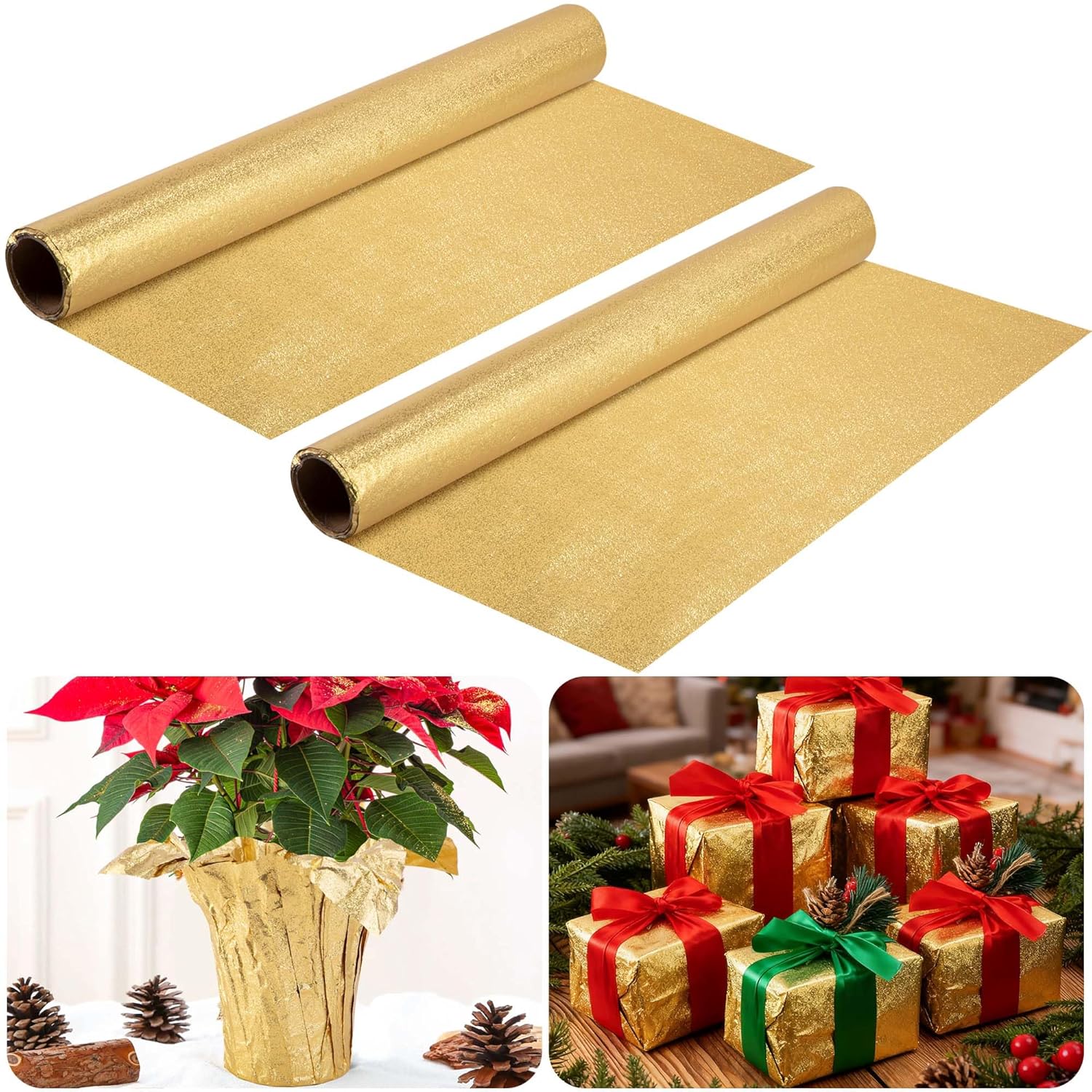 2 Roll 10 Yard Christmas Plant Pot Floral Foil, Matte Texture Floral Foil Plant Pot Covers, Golden Florals Foils Wrapping Paper For Home Garden Pots Vases Diy Decoration