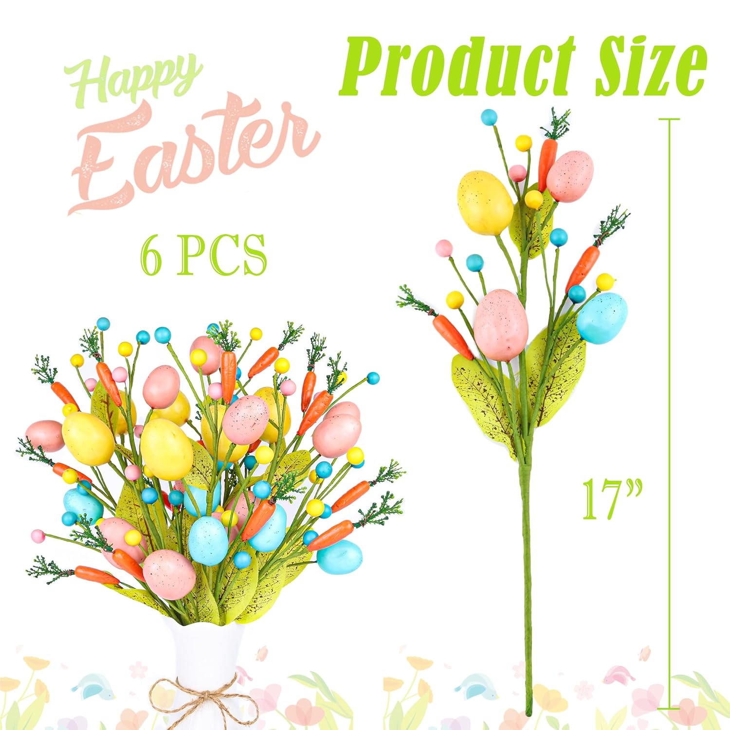 Easter Decorations, 6 Pcs Easter Stems With Eggs Carrots And Berries, Artificial Flower Arrangement For Spring Decor, Egg Picks Centerpieces For Table