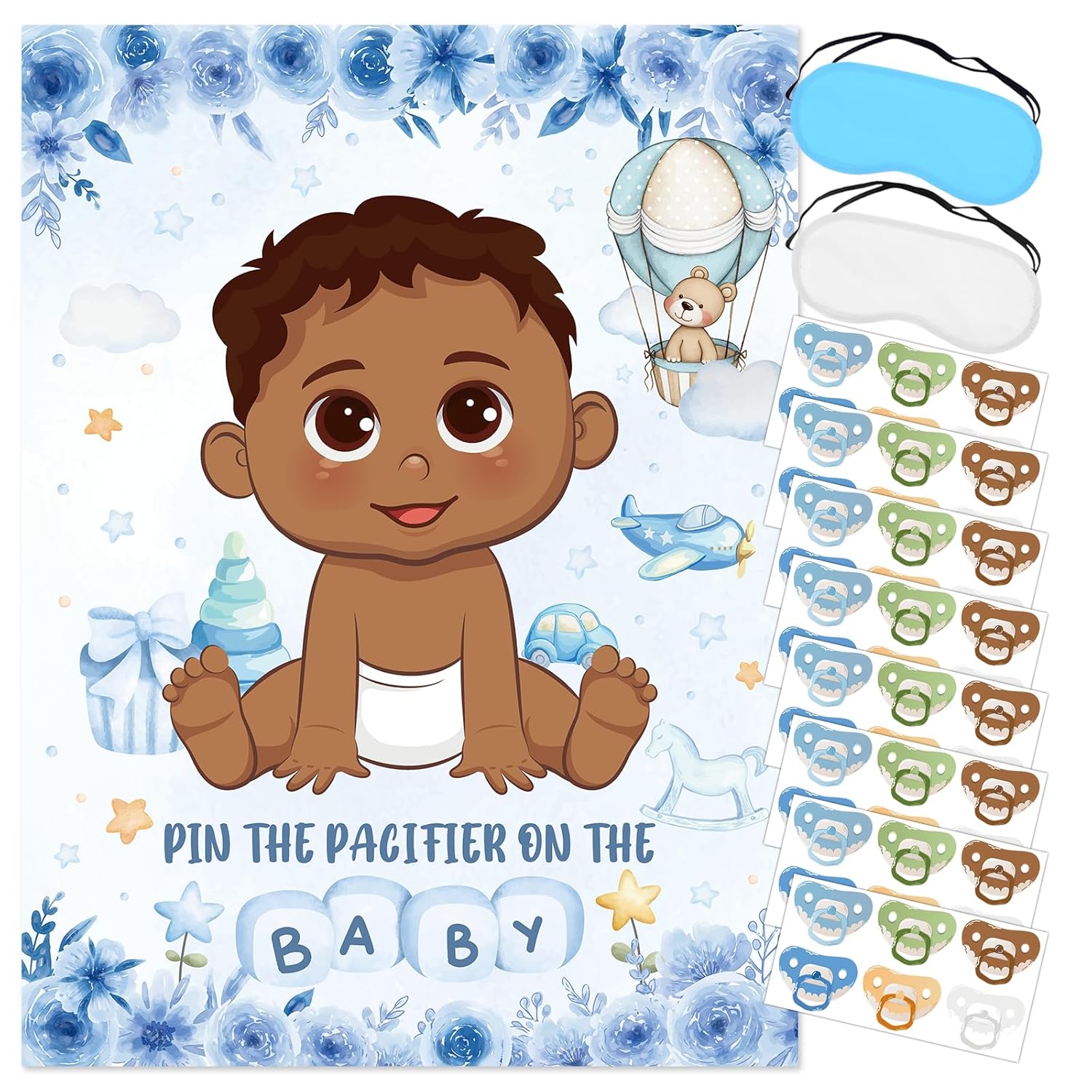 Pin The Pacifier On The Baby Game, Blue Baby Shower Party Decoration Include Large Poster With Blindfold 48 Pacifier Stickers Game For Blue Bear Birthday Party Supplies(Brown)