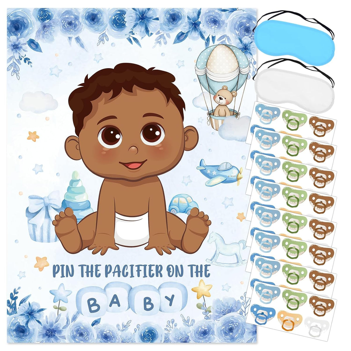 Pin The Pacifier On The Baby Game, Blue Baby Shower Party Decoration Include Large Poster With Blindfold 48 Pacifier Stickers Game For Blue Bear Birthday Party Supplies(Brown)